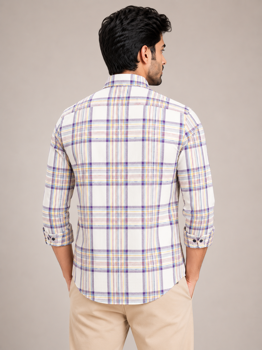 Men's Checkered Purple, Yellow, and White Casual Cotton Shirt