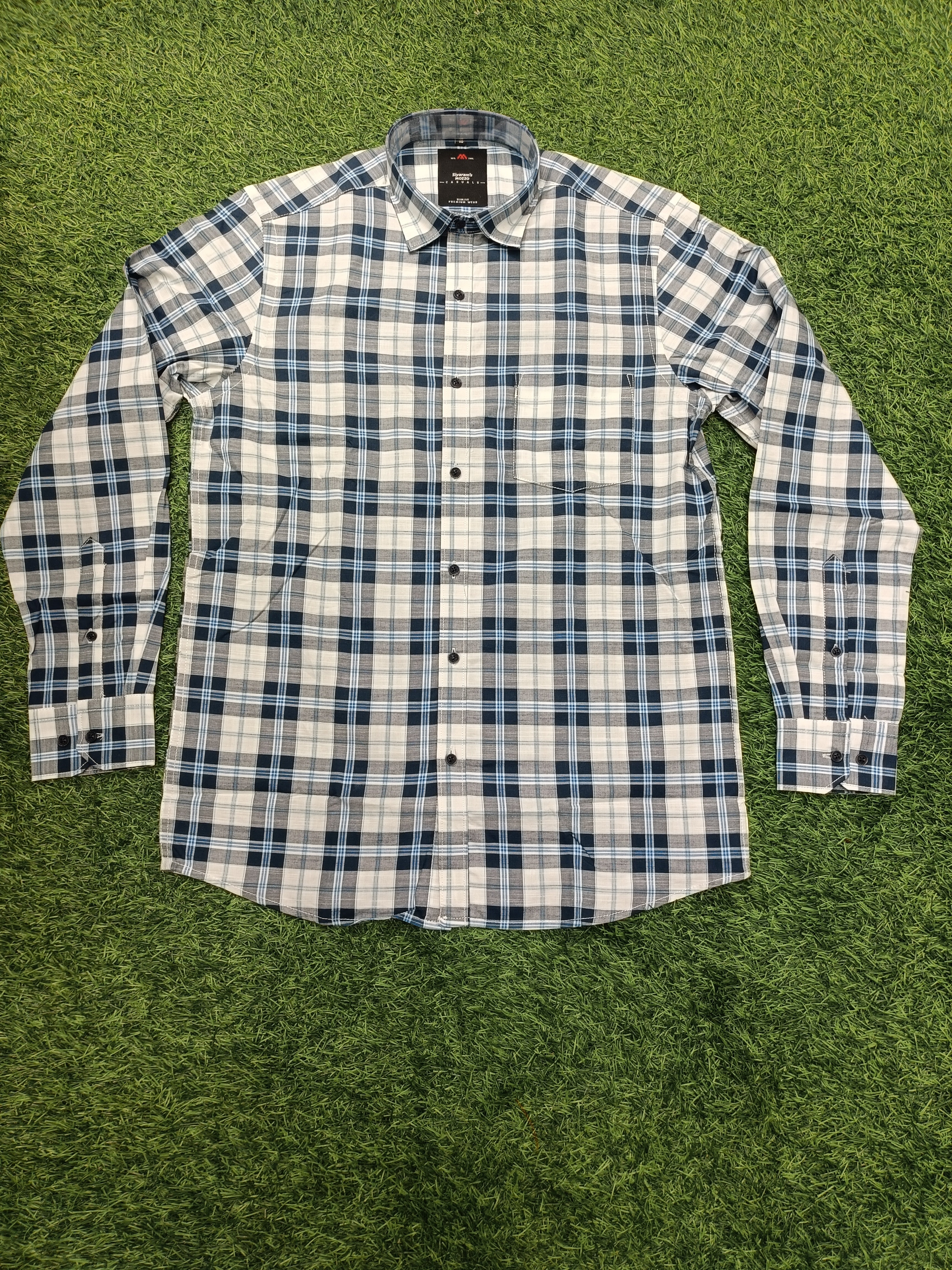 Men's Checkered Blue and White Full-Sleeve Casual Cotton Shirt