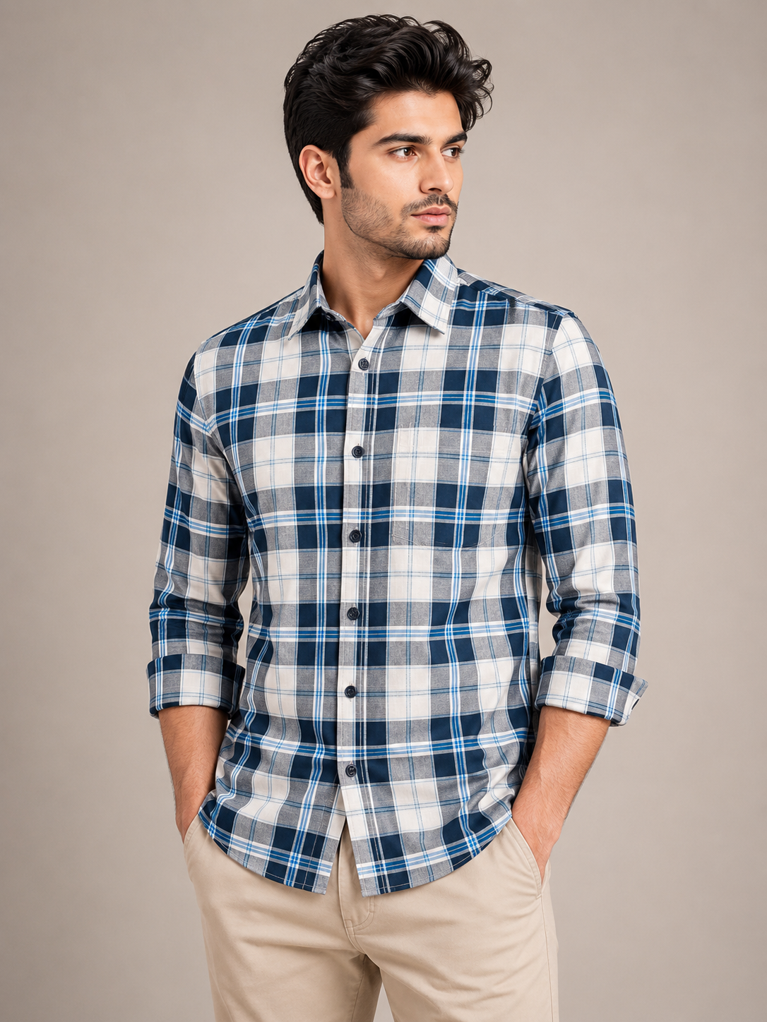 Men's Checkered Blue and White Full-Sleeve Casual Cotton Shirt