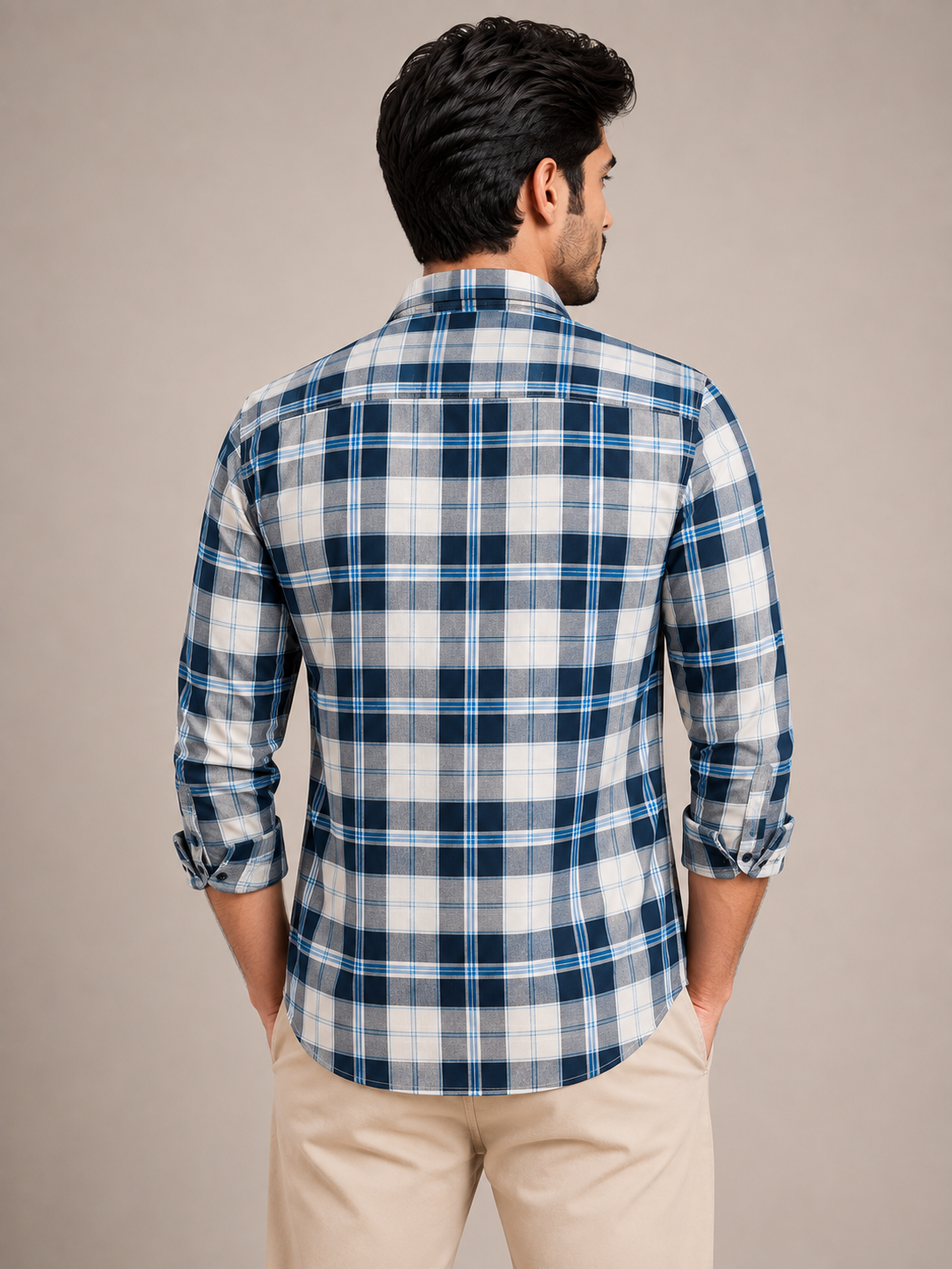 Men's Checkered Blue and White Full-Sleeve Casual Cotton Shirt