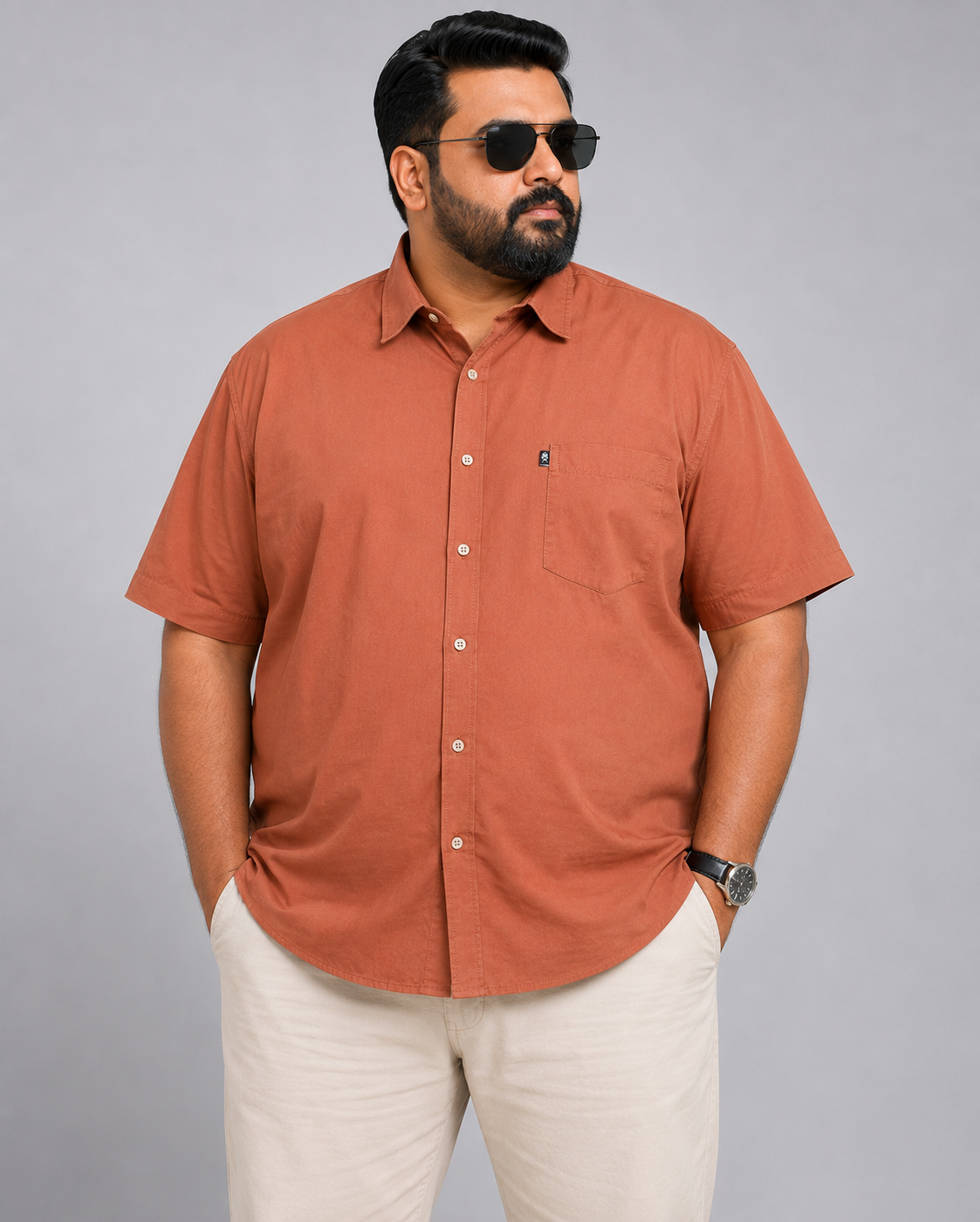 Men's Solid Rust Brown Cotton Half-Sleeve Apple Cut Casual Shirt