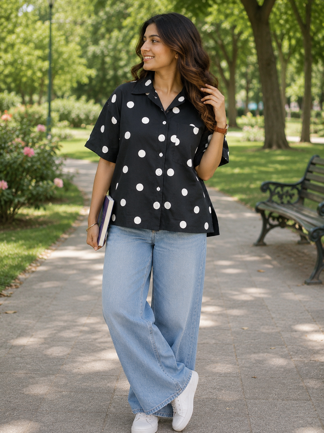 Teen Colours Kids Navy blue Polka Dot Print Cuban Collar rayon Baggy Shirt