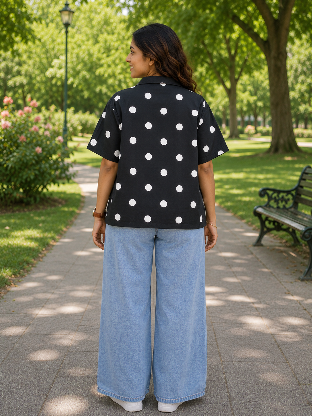 Teen Colours Kids Navy blue Polka Dot Print Cuban Collar rayon Baggy Shirt