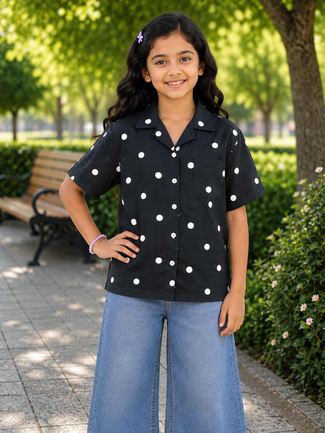 Teen Colours Kids Navy blue Polka Dot Print Cuban Collar rayon Baggy Shirt