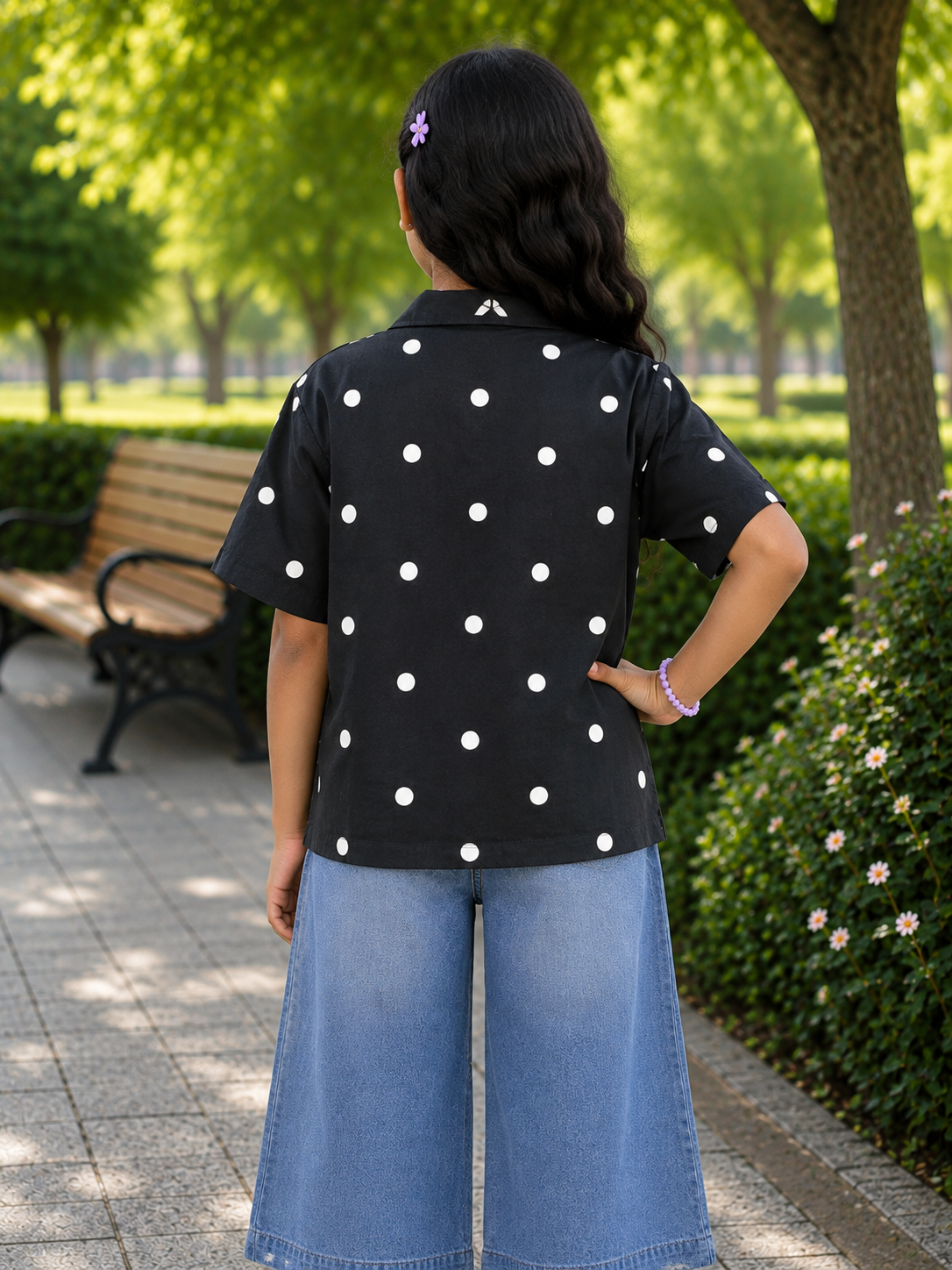 Teen Colours Kids Navy blue Polka Dot Print Cuban Collar rayon Baggy Shirt