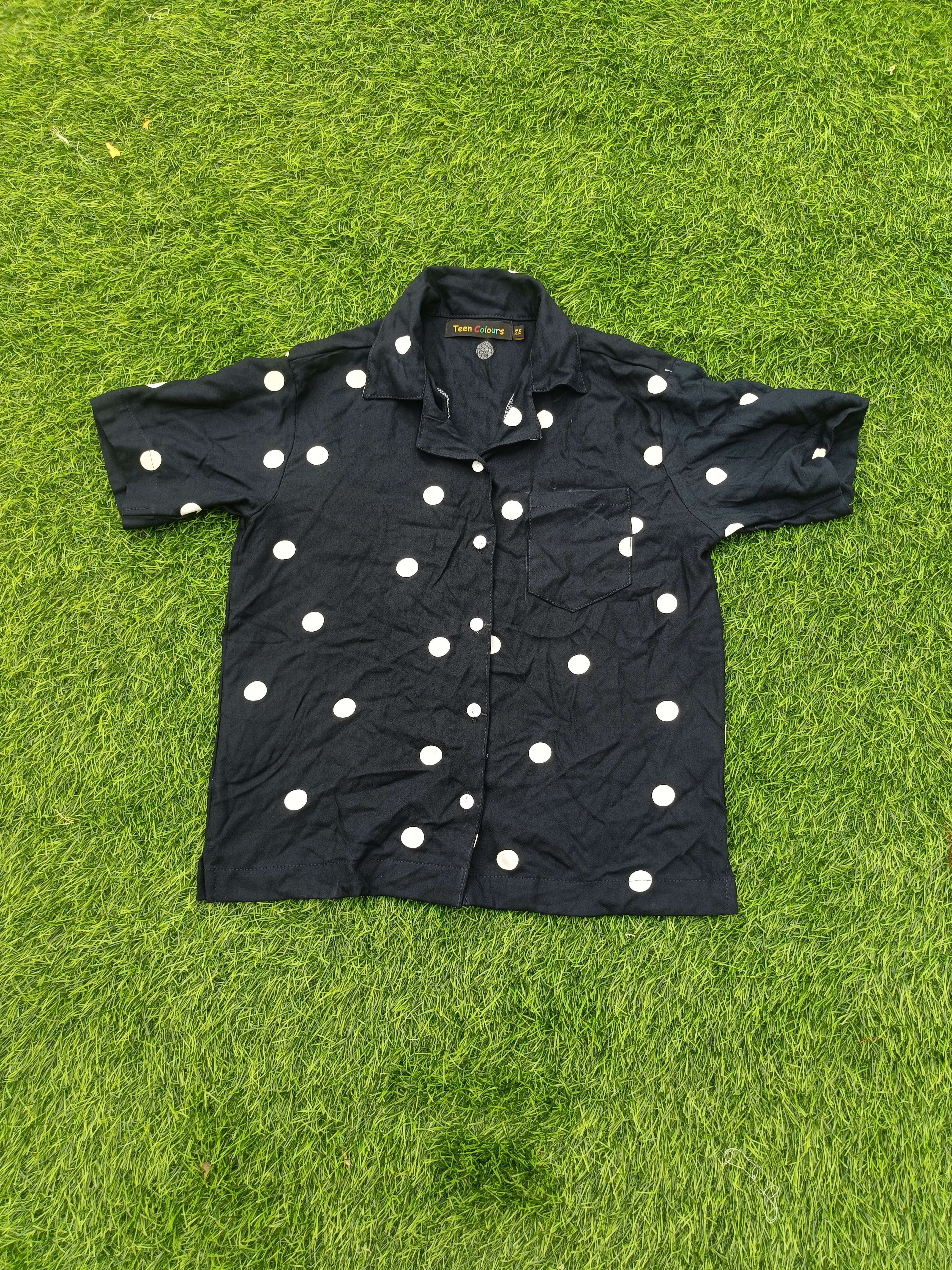 Teen Colours Kids Navy blue Polka Dot Print Cuban Collar rayon Baggy Shirt