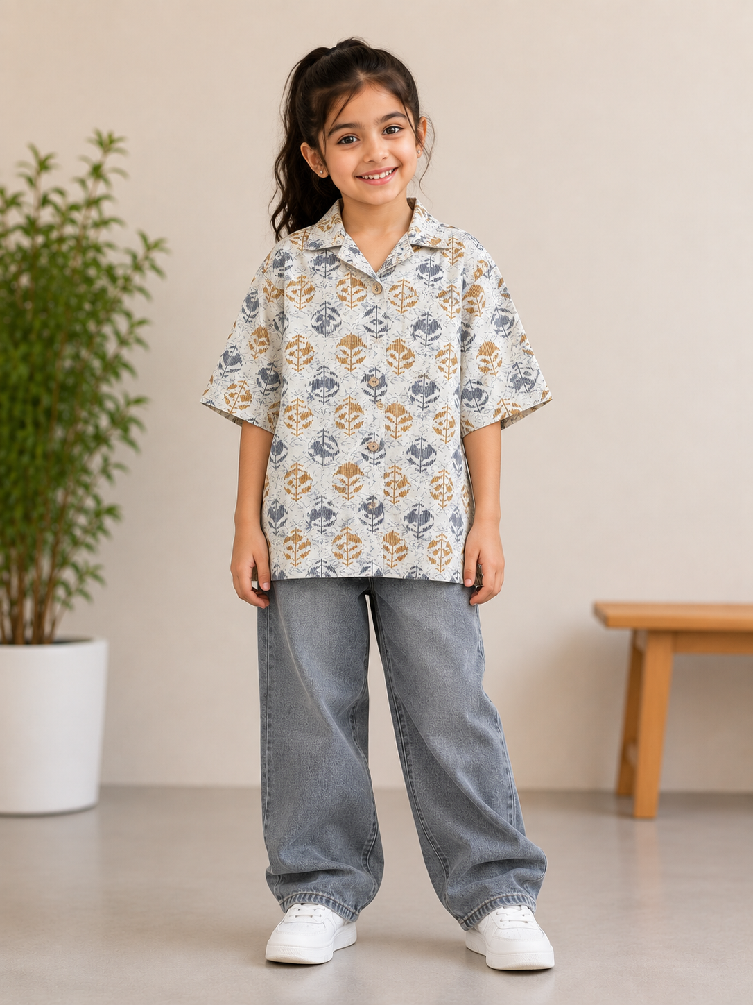 Teen Colours Kids Off-White Botanical Print Cuban Collar cottonBaggy Shirt