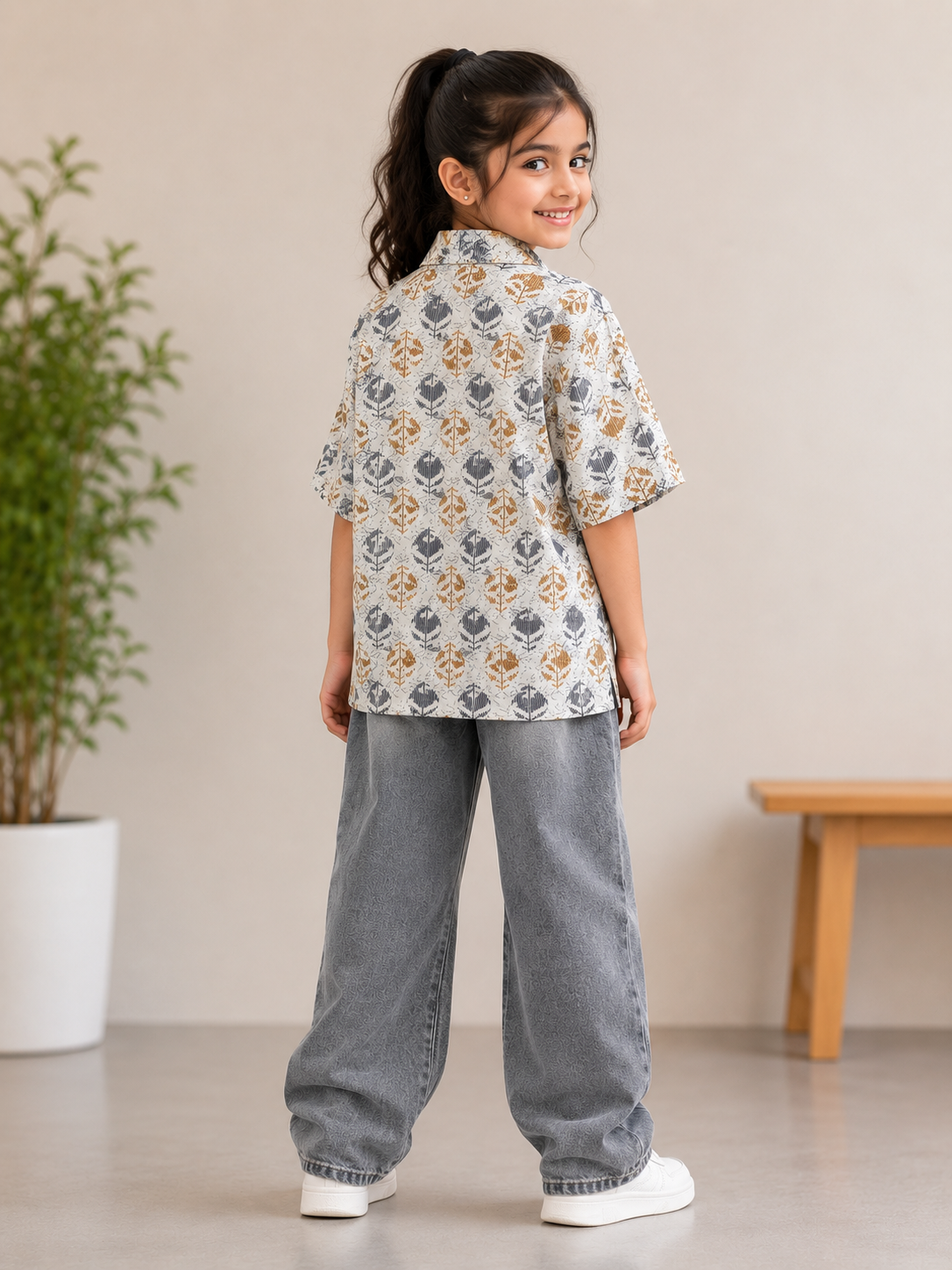 Teen Colours Kids Off-White Botanical Print Cuban Collar cottonBaggy Shirt