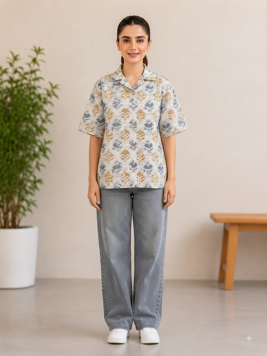 Teen Colours Kids Off-White Botanical Print Cuban Collar cottonBaggy Shirt