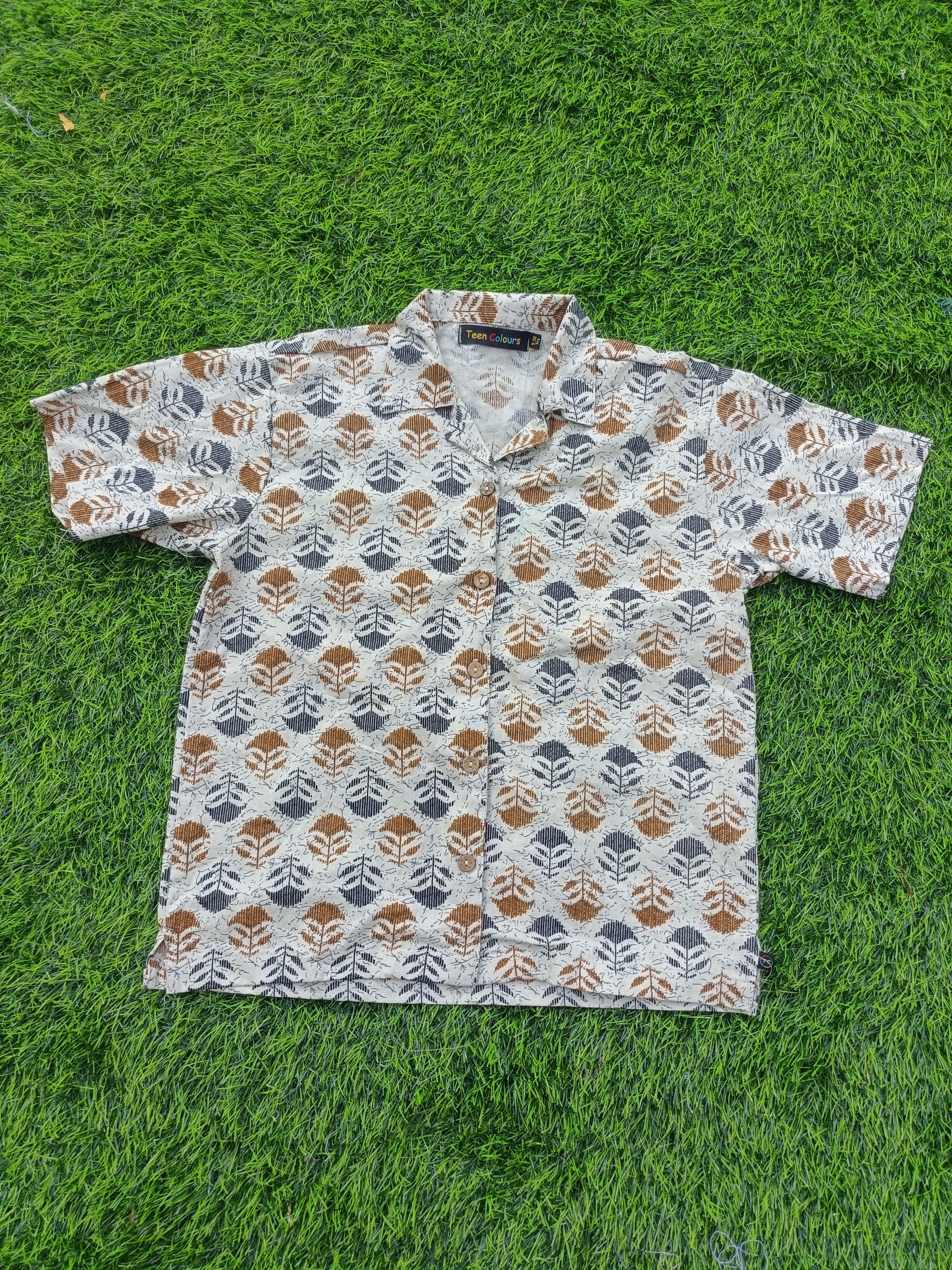 Teen Colours Kids Off-White Botanical Print Cuban Collar cottonBaggy Shirt