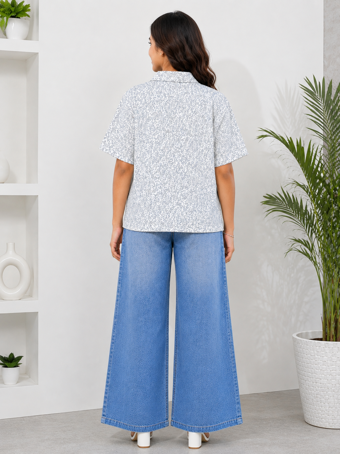teen colours Ladies white base decorated with an all over ditsy floral print cuban collar cotton baggy shirt