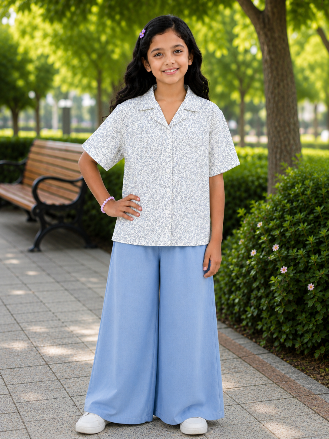 Teen Colours Kids White base decorated with an all-over ditsy floral print Cuban Collar rayon Baggy Shirt