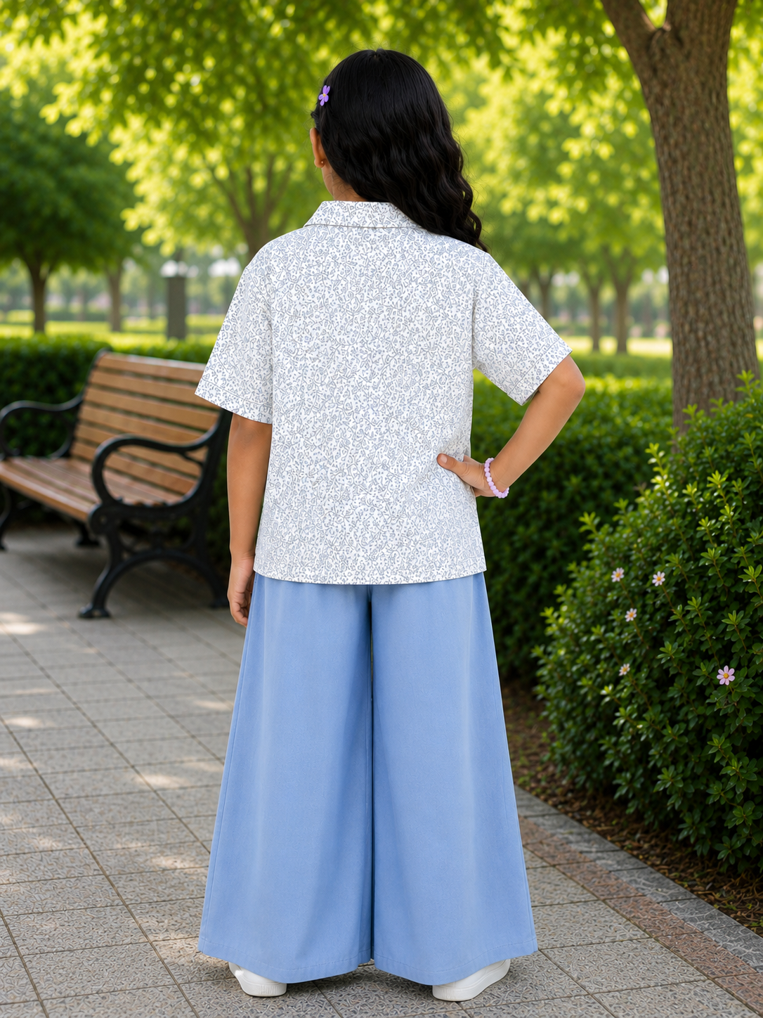 Teen Colours Kids White base decorated with an all-over ditsy floral print Cuban Collar rayon Baggy Shirt