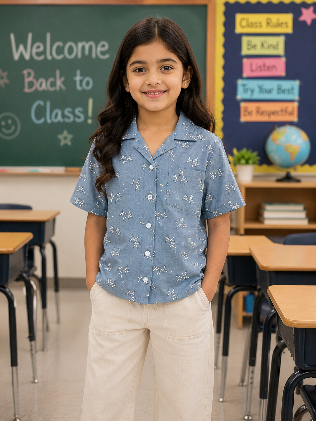 Kids Dark grey color Leaf Print Cuban Collar cotton Baggy Shirt