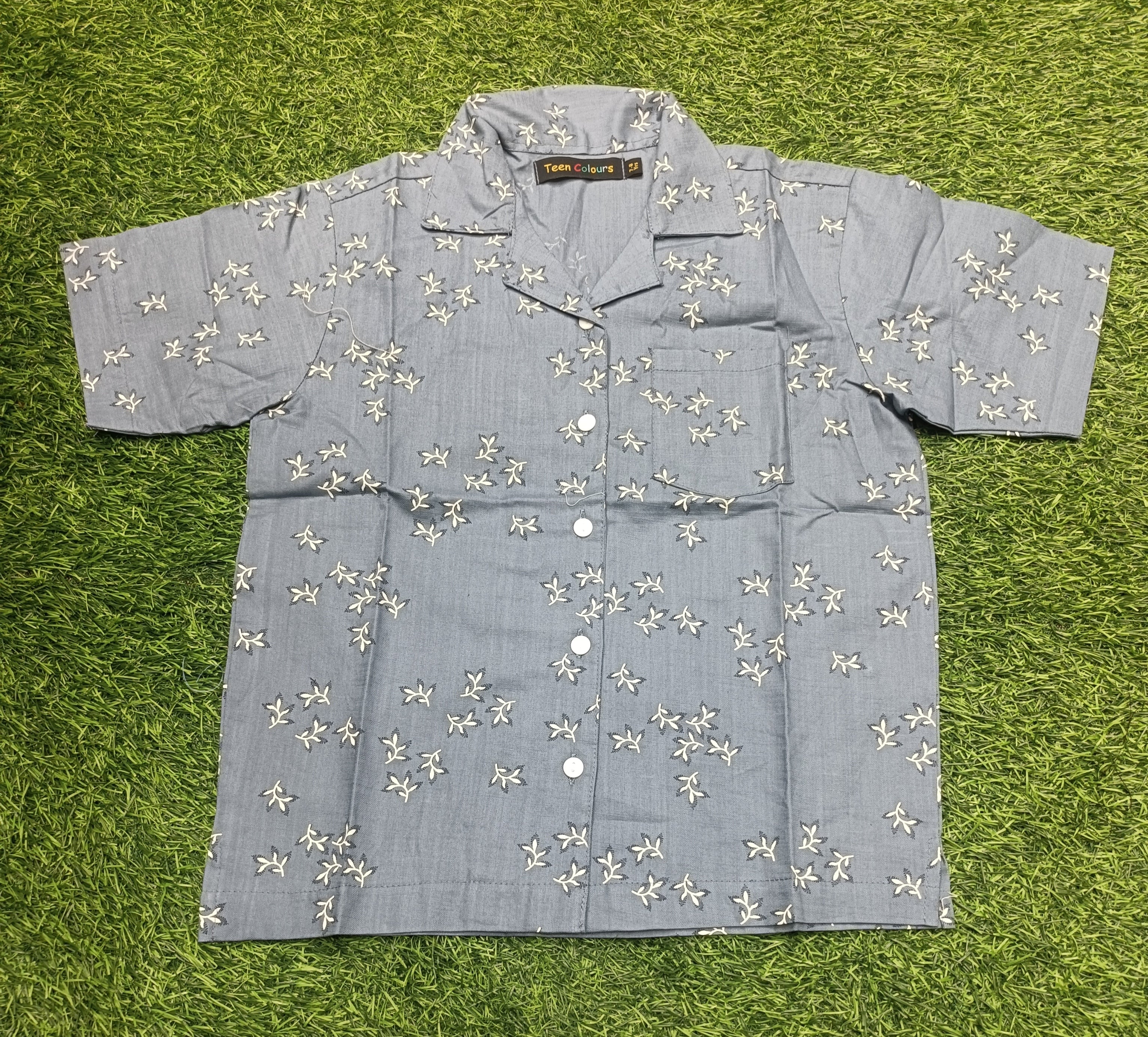 Kids Dark grey color Leaf Print Cuban Collar cotton Baggy Shirt