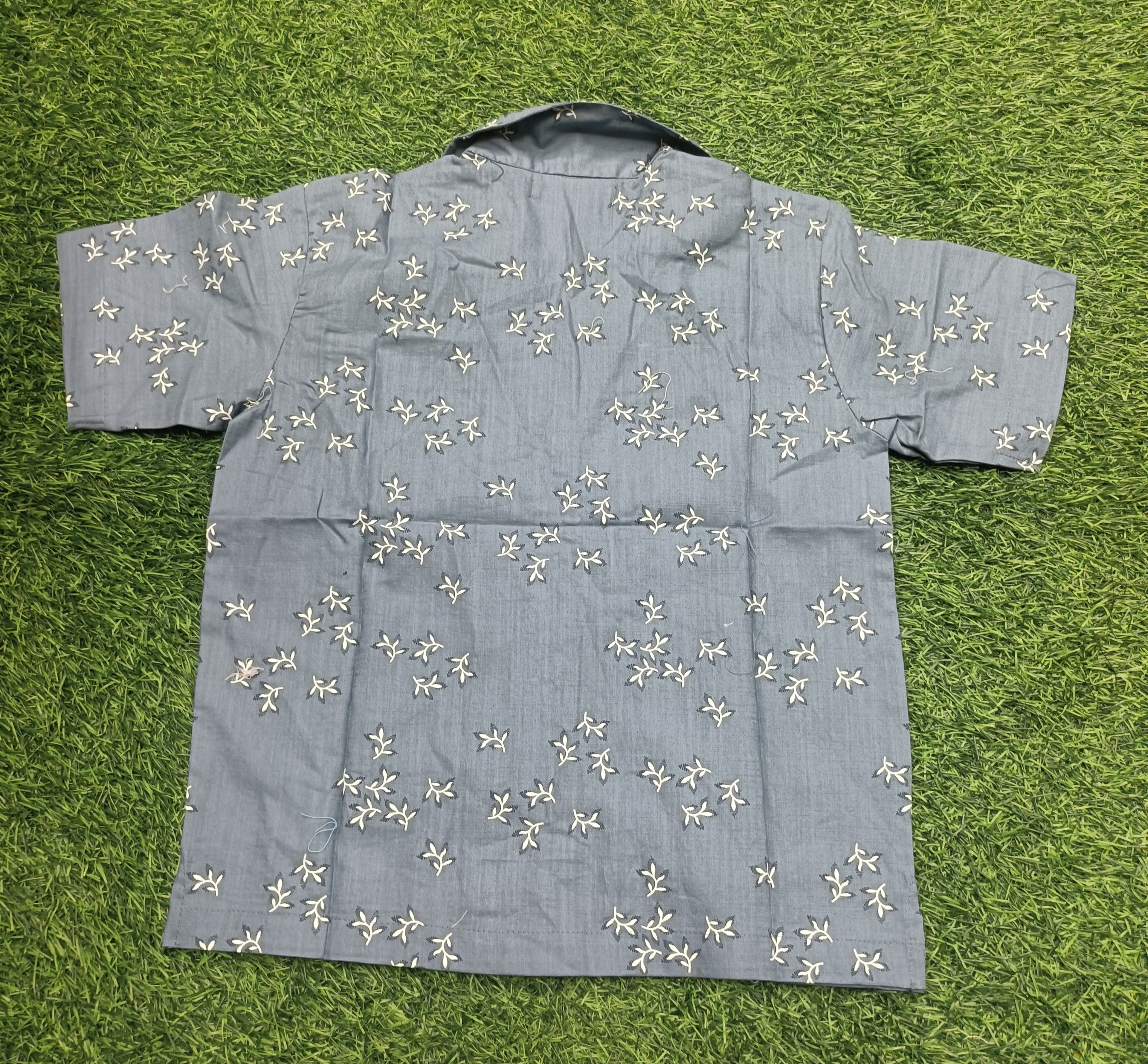 Kids Dark grey color Leaf Print Cuban Collar cotton Baggy Shirt