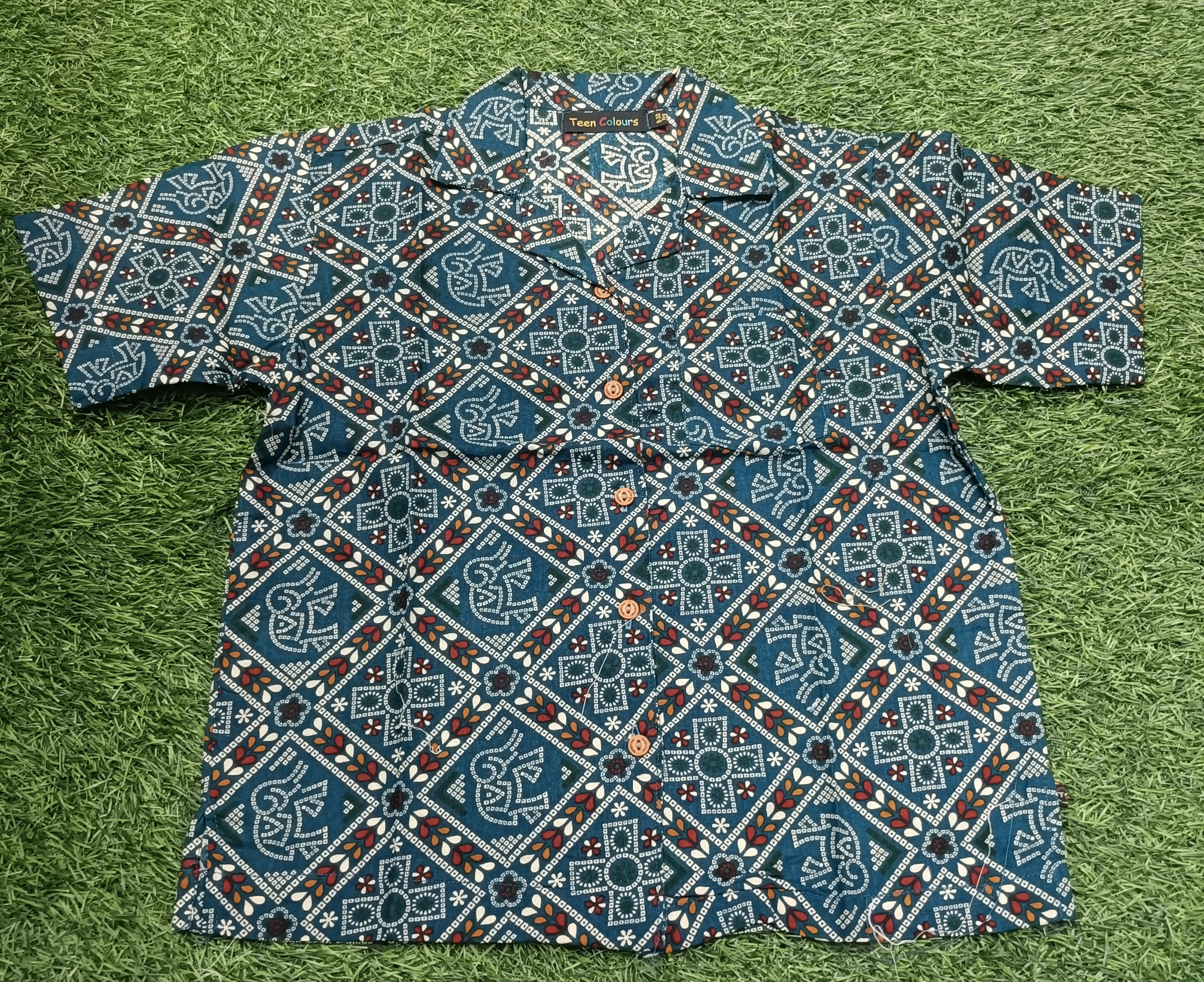 Teen Colours Kids Peacock Blue Bandana Print Cuban Collar cotton  Baggy Shirt