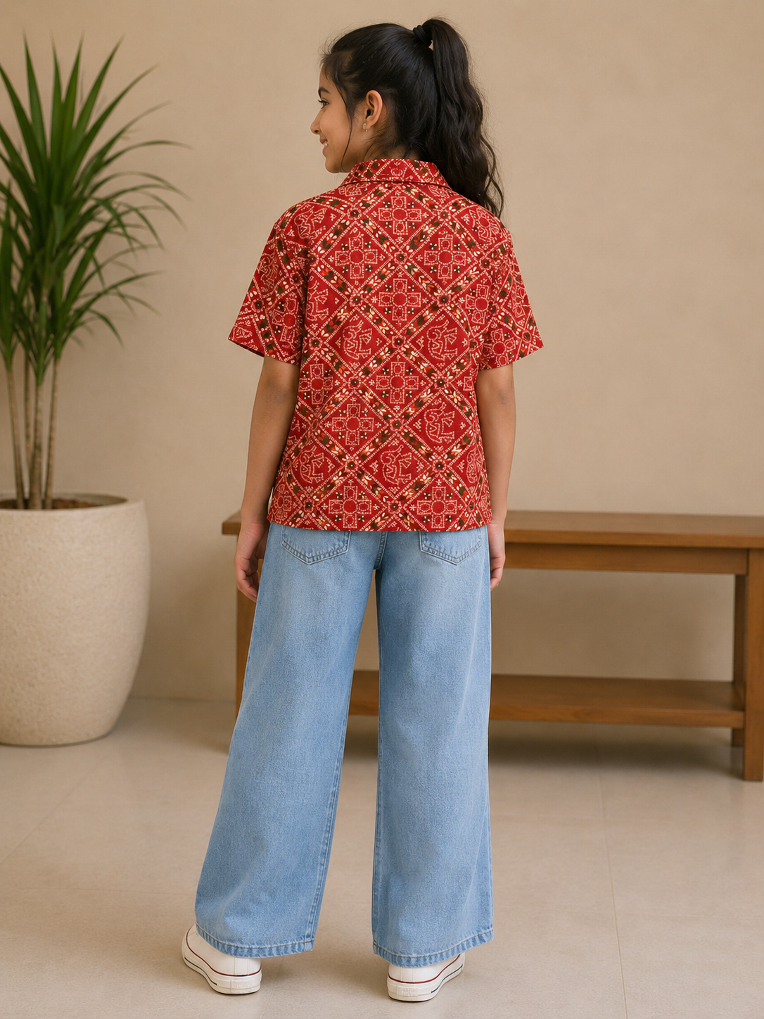 Teen Colours Kids Brick Red Bandana Print Cuban Collar cotton Baggy Shirt