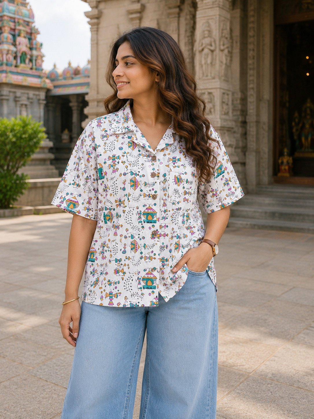 Teen Colours Kids  White base patterned Tribal Folk Art Print Cuban Collar cotton Baggy Shirt