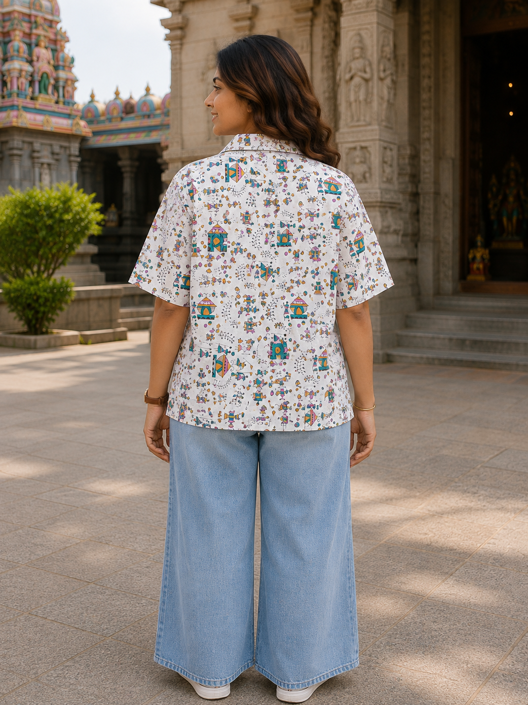 Teen Colours Kids  White base patterned Tribal Folk Art Print Cuban Collar cotton Baggy Shirt