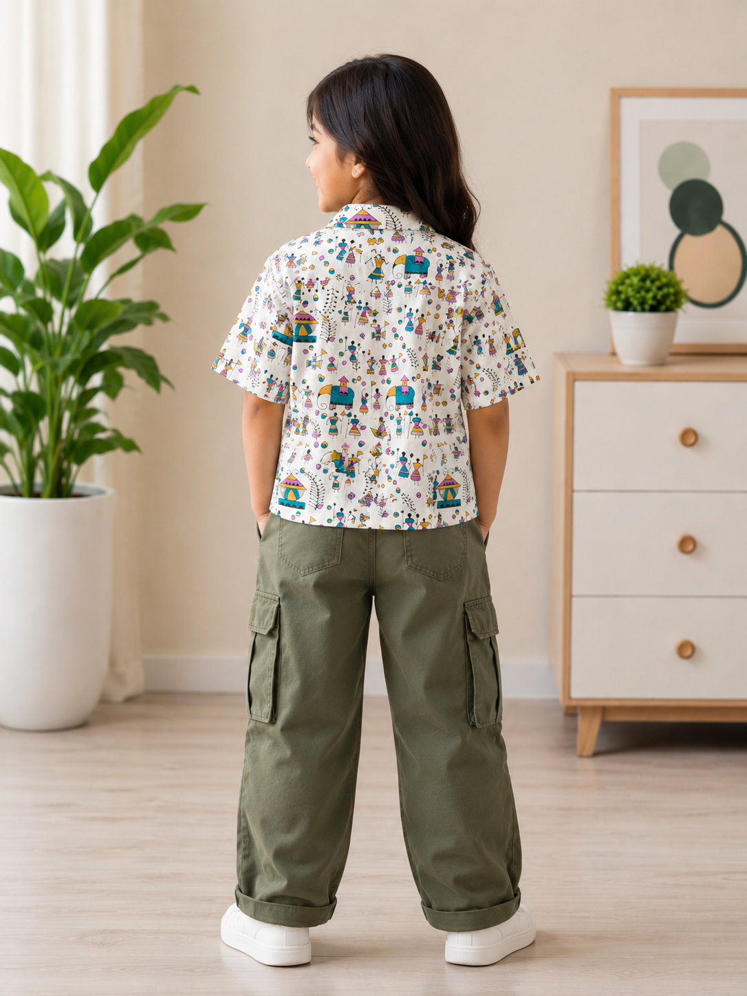 Teen Colours Kids  White base patterned Tribal Folk Art Print Cuban Collar cotton Baggy Shirt
