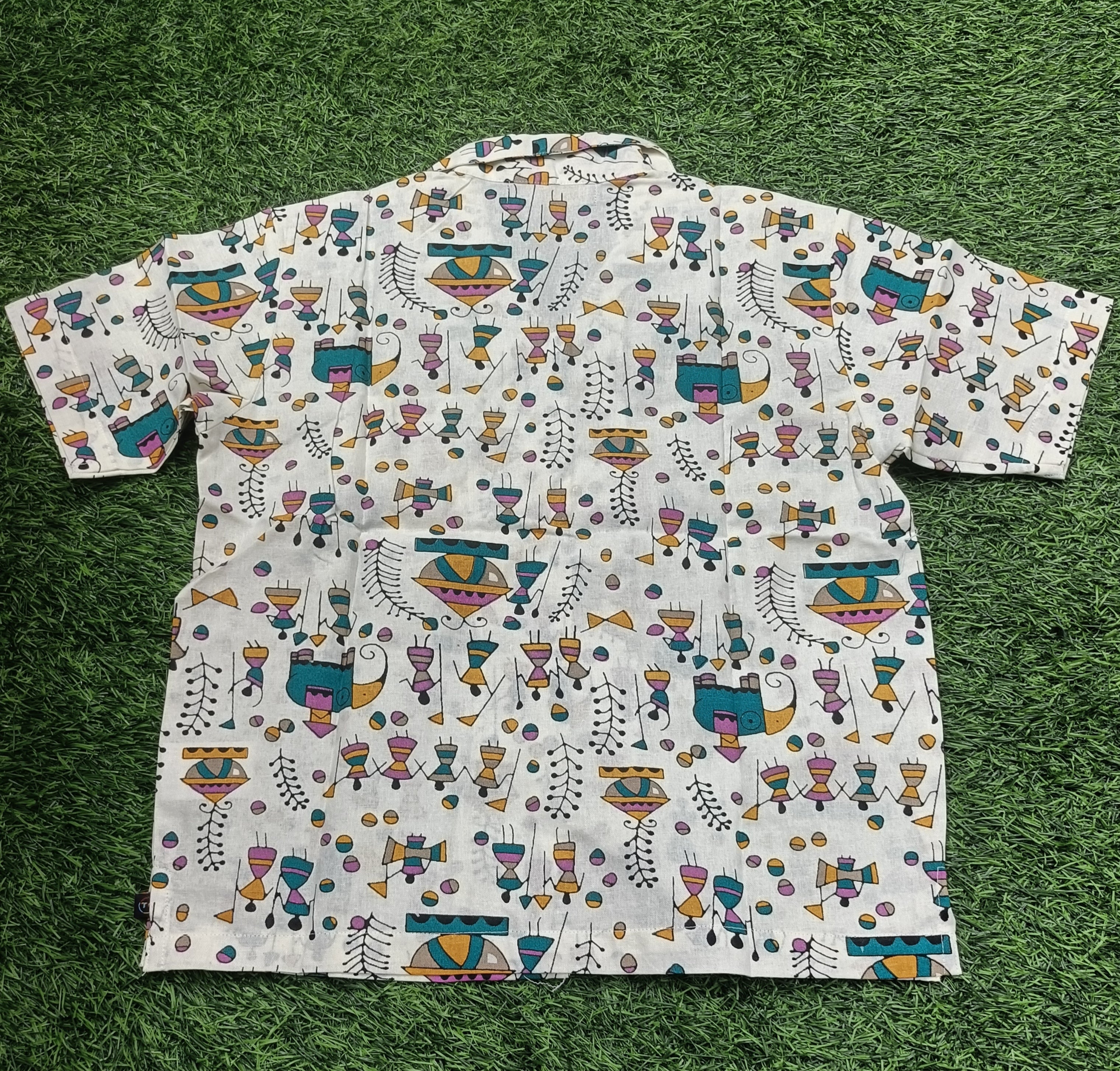Teen Colours Kids  White base patterned Tribal Folk Art Print Cuban Collar cotton Baggy Shirt