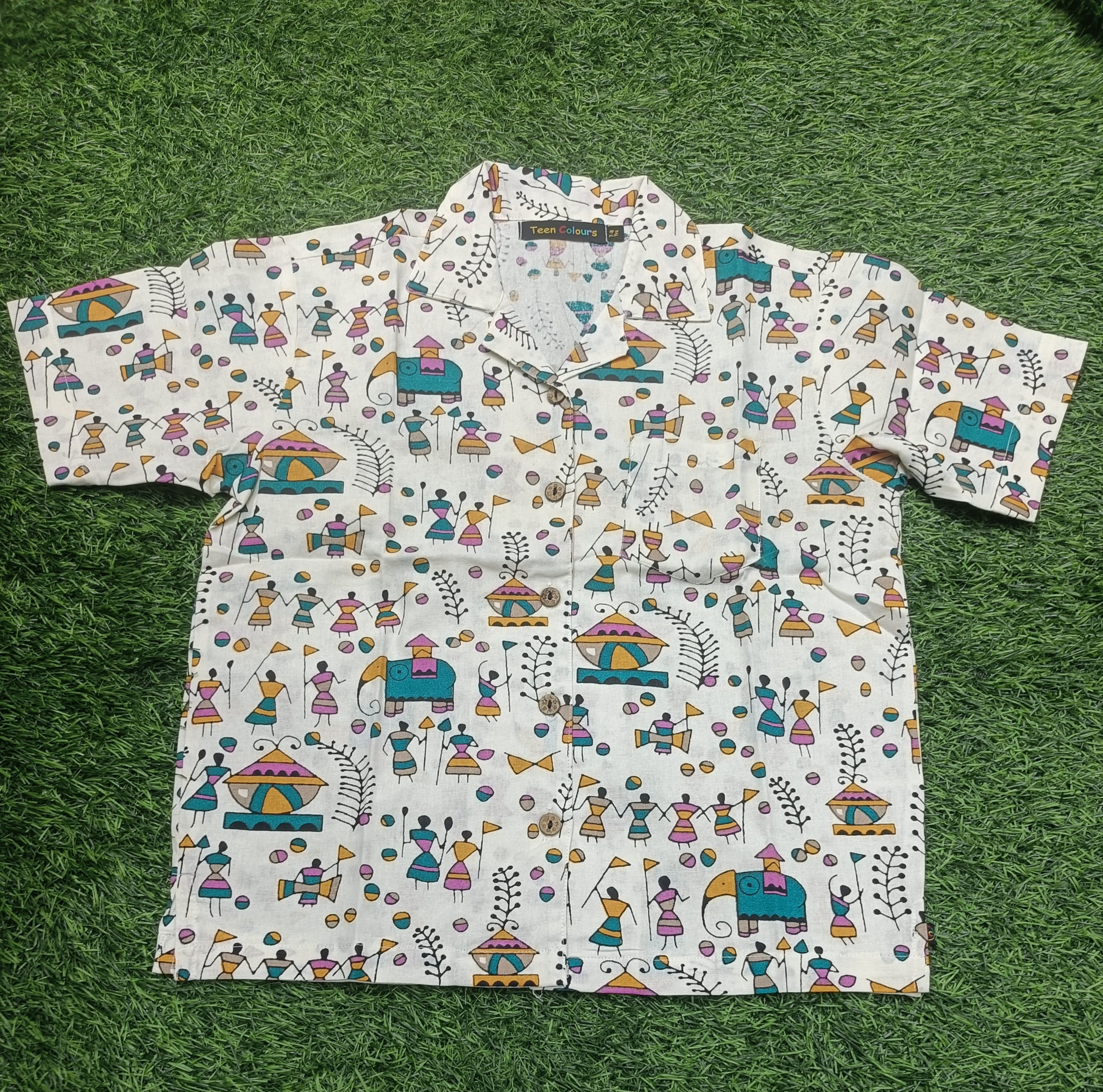 Teen Colours Kids  White base patterned Tribal Folk Art Print Cuban Collar cotton Baggy Shirt