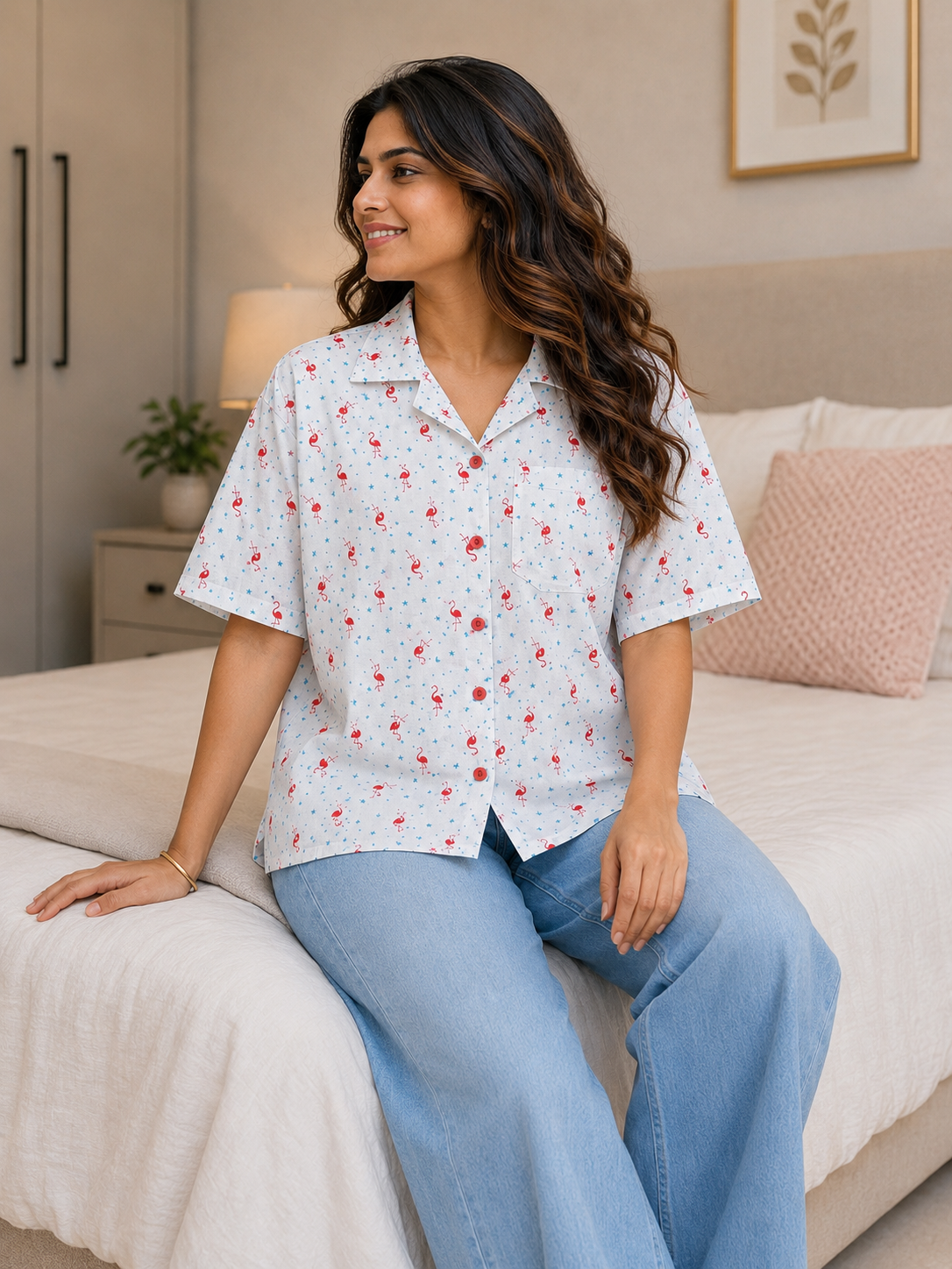 Teen Colours Kids Flamingo and Star Print Cuban Collar rayon Baggy Shirt