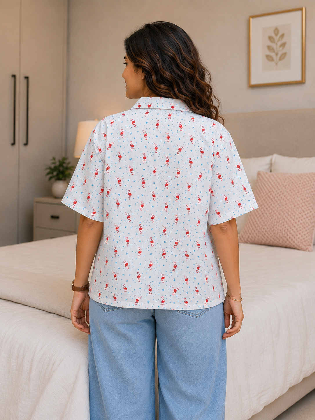 Teen Colours Kids Flamingo and Star Print Cuban Collar rayon Baggy Shirt