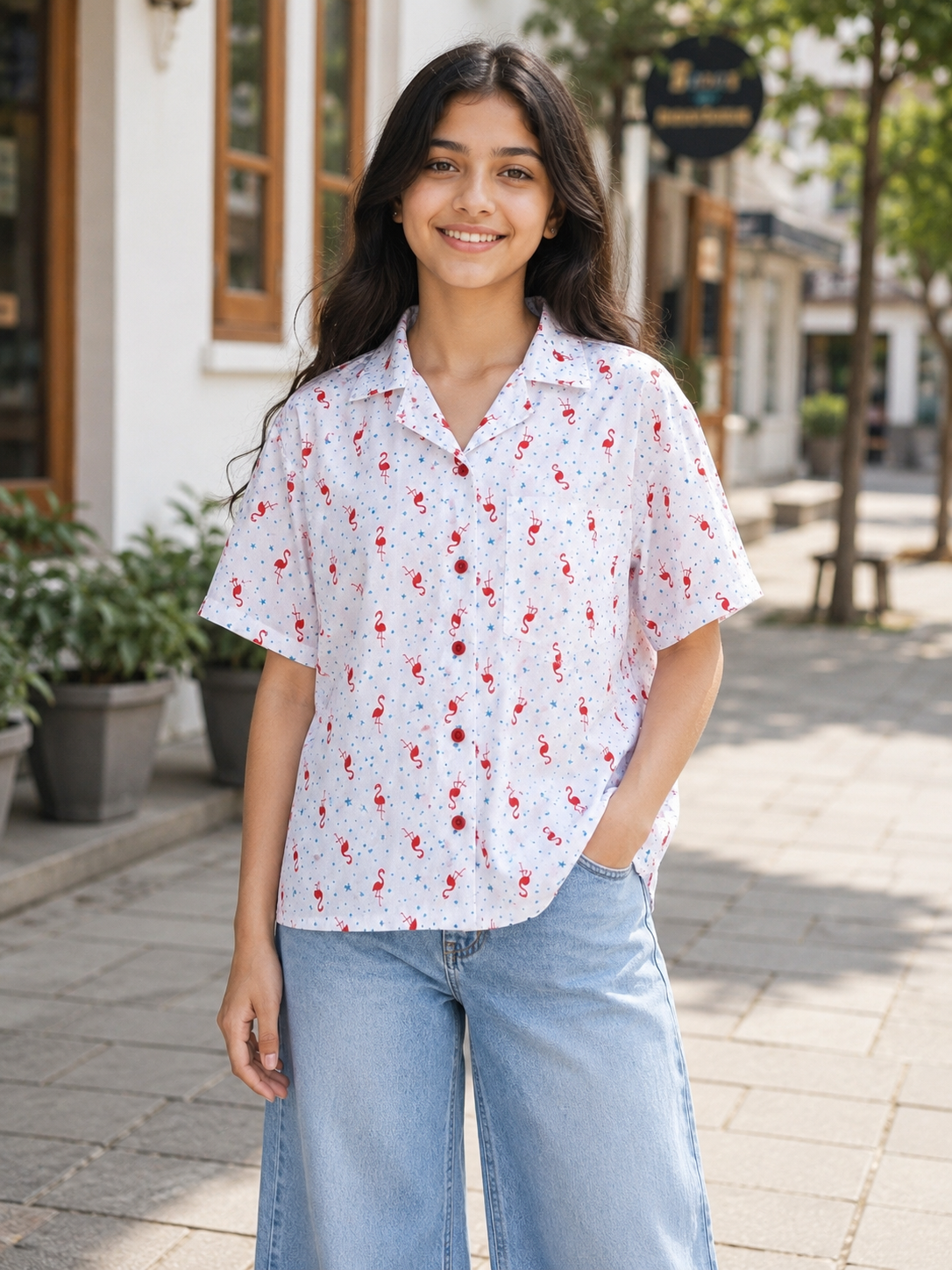 Teen Colours Kids Flamingo and Star Print Cuban Collar rayon Baggy Shirt