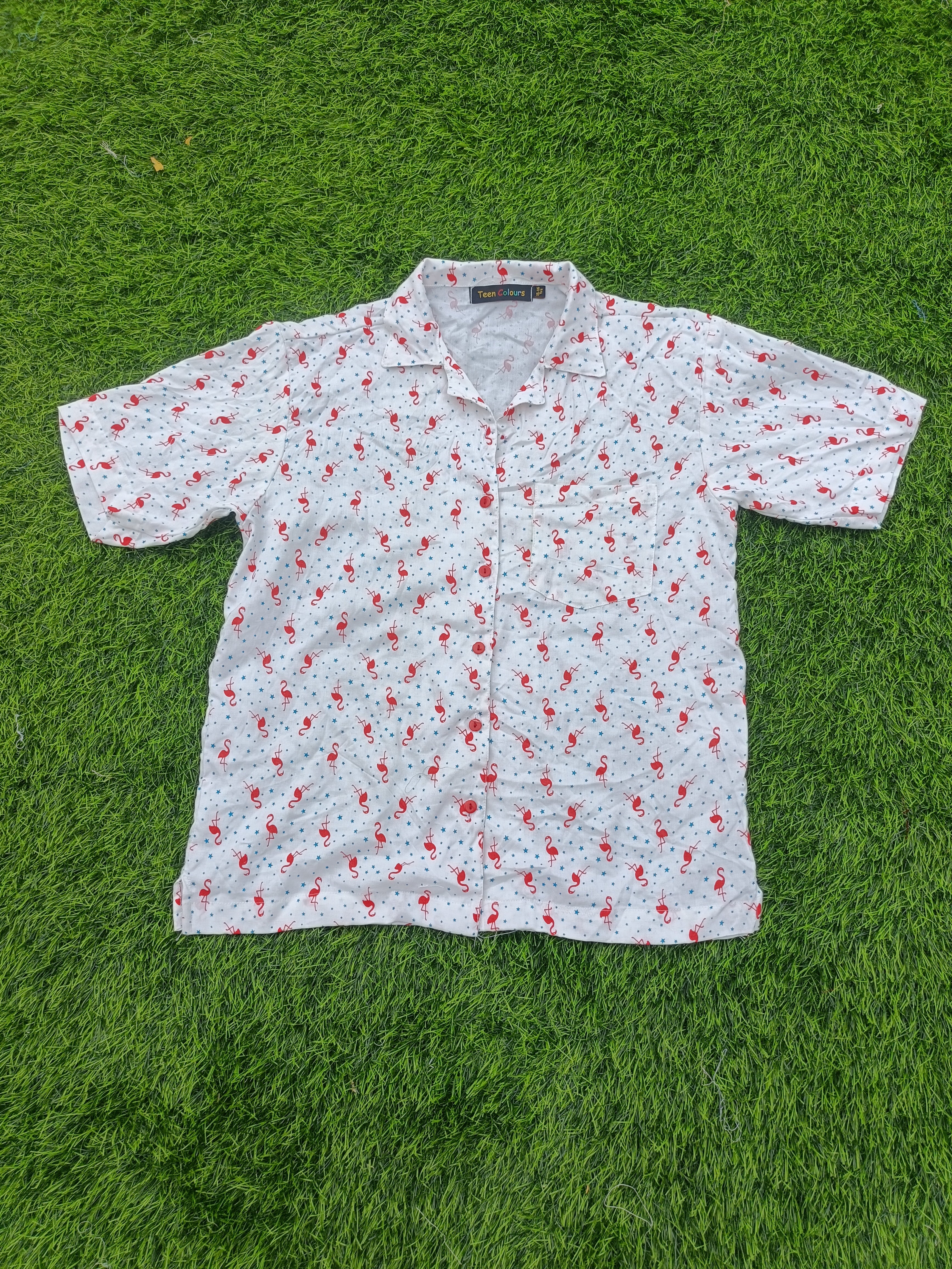 Teen Colours Kids Flamingo and Star Print Cuban Collar rayon Baggy Shirt