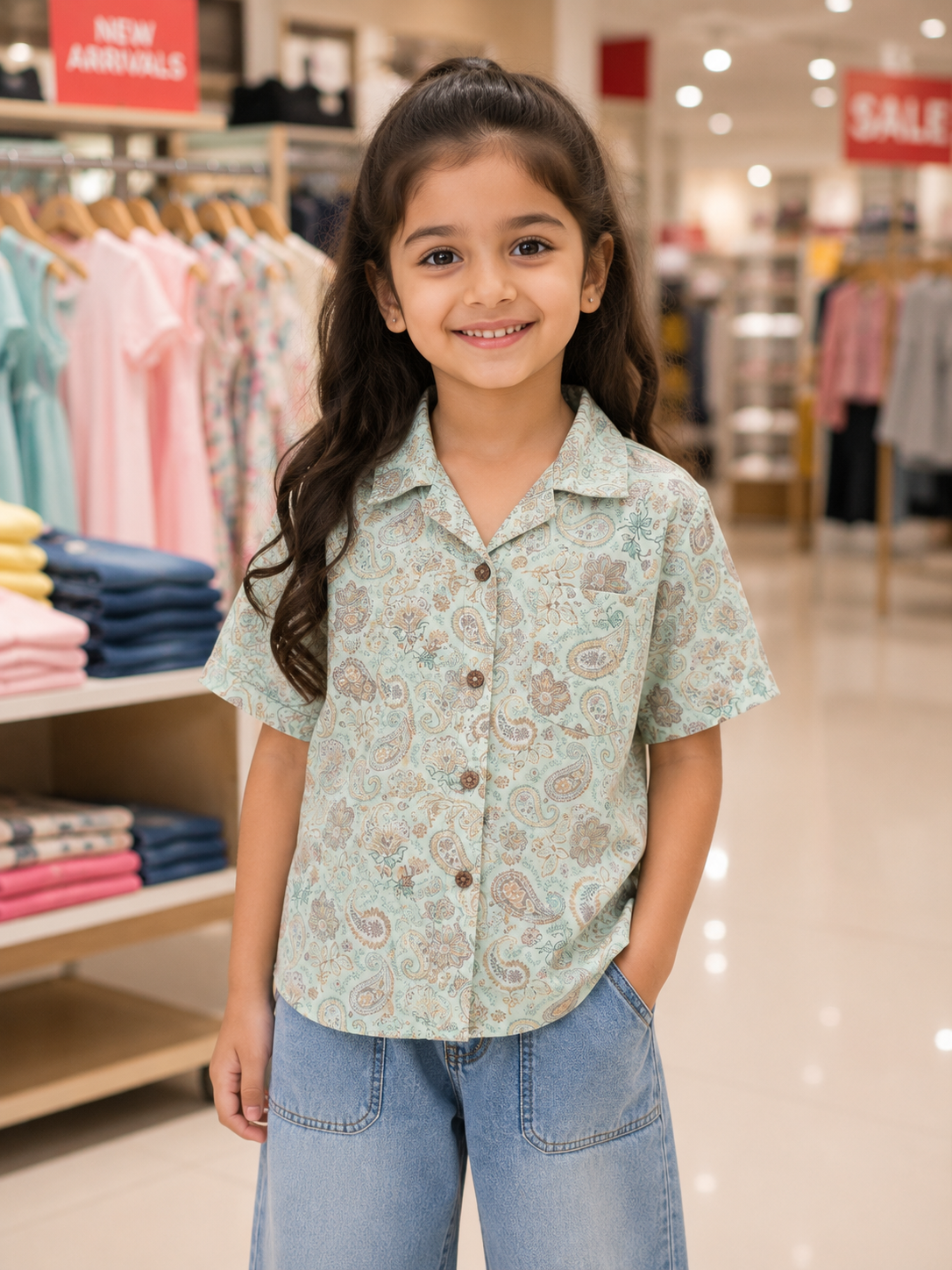 Teen Colours Kids Pista green Paisley and Floral Print Cuban Collar rayon Baggy Shirt