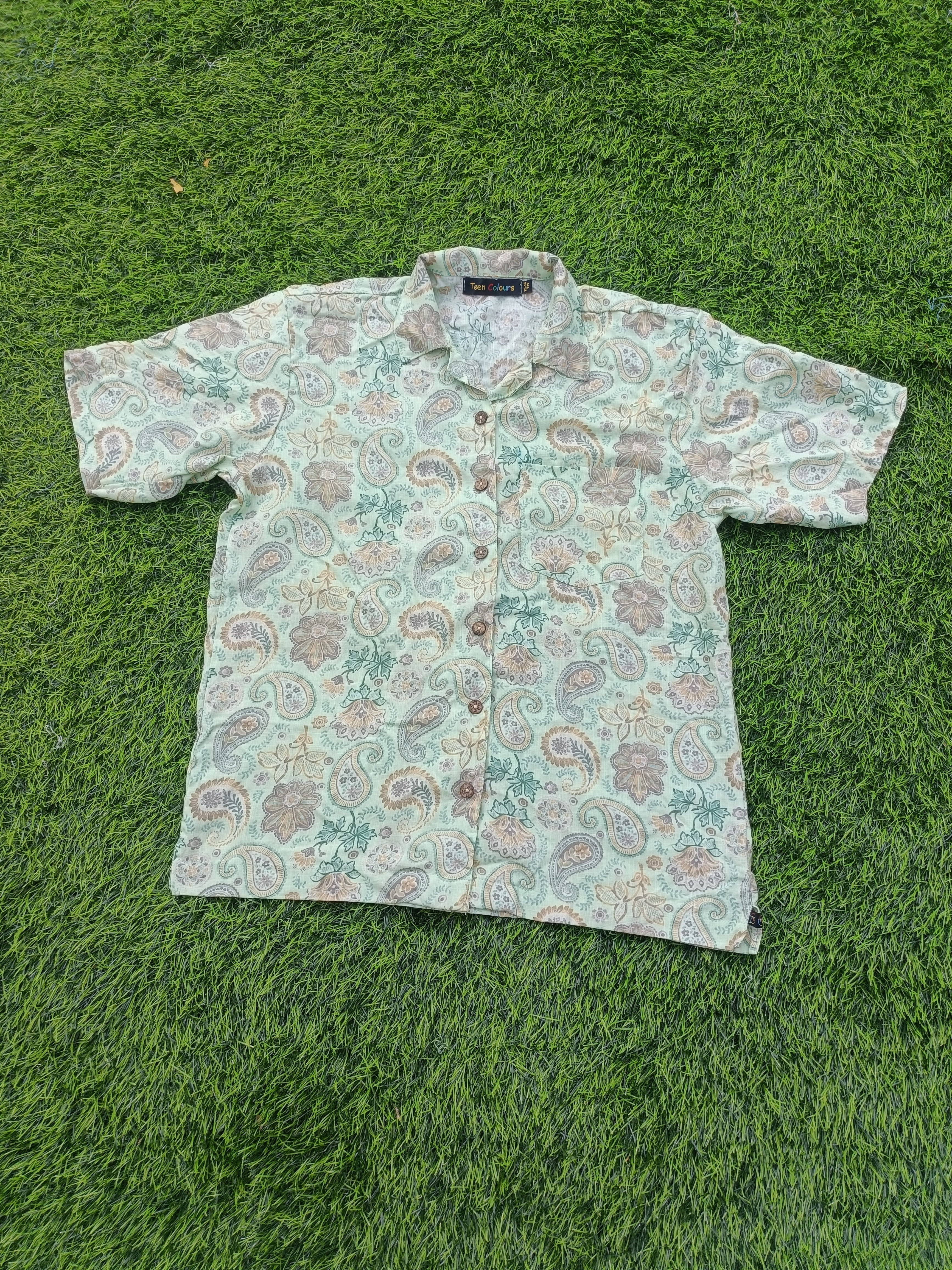 Teen Colours Kids Pista green Paisley and Floral Print Cuban Collar rayon Baggy Shirt