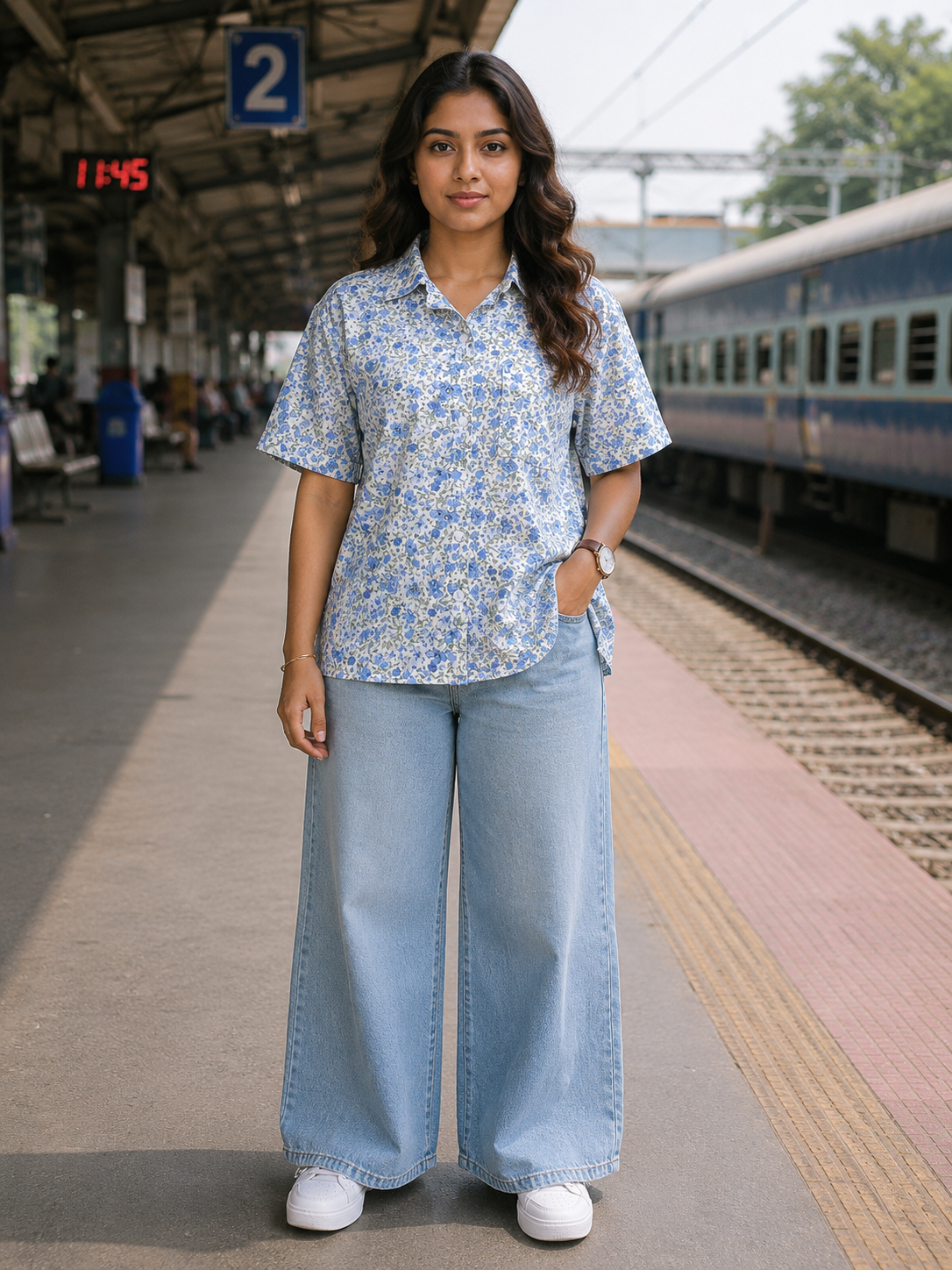 teen colours Ladies white blue floral print cuban collar rayon baggy shirt