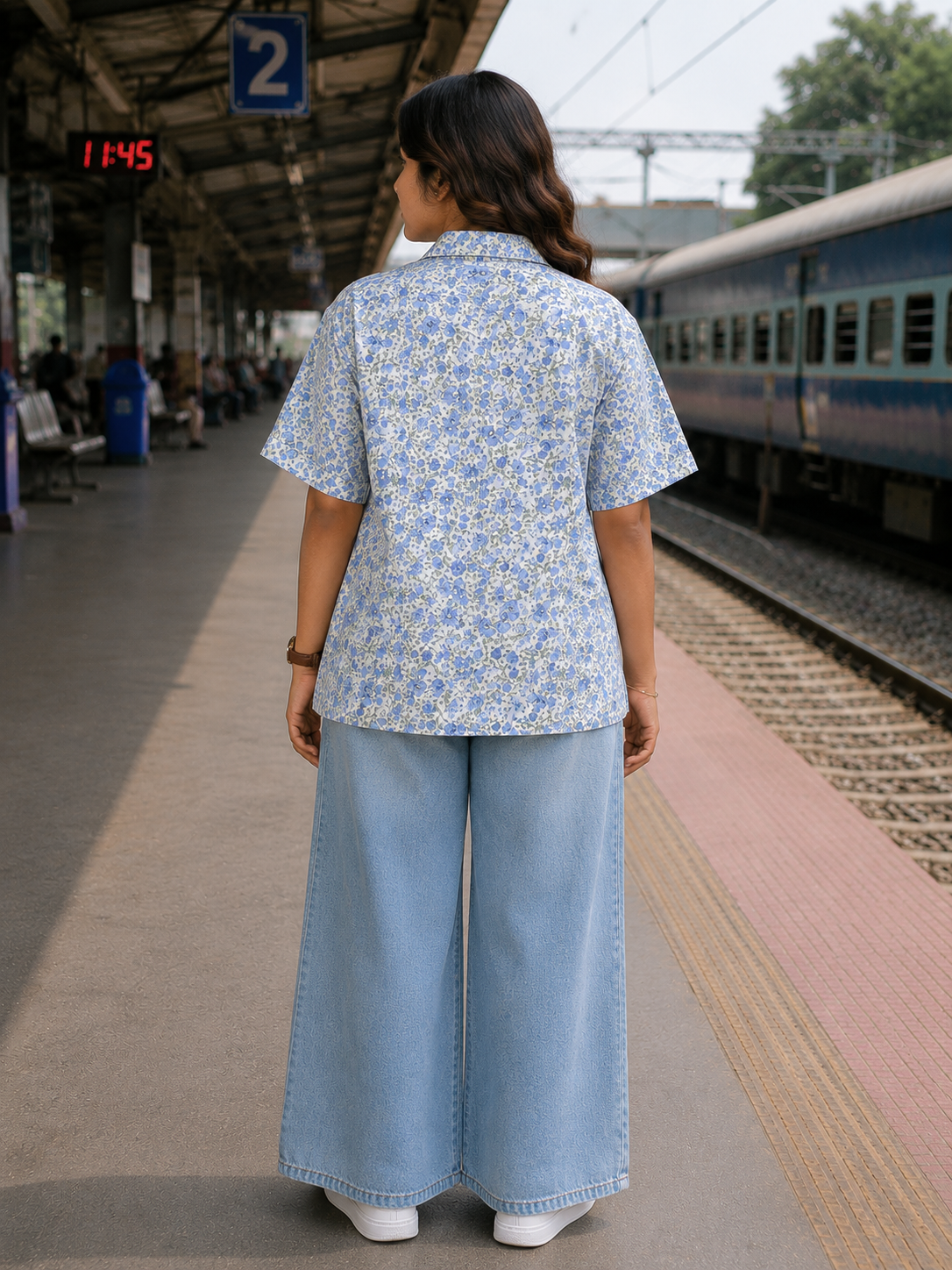 Teen Colours Kids White Blue Floral Print Cuban Collar rayon Baggy Shirt