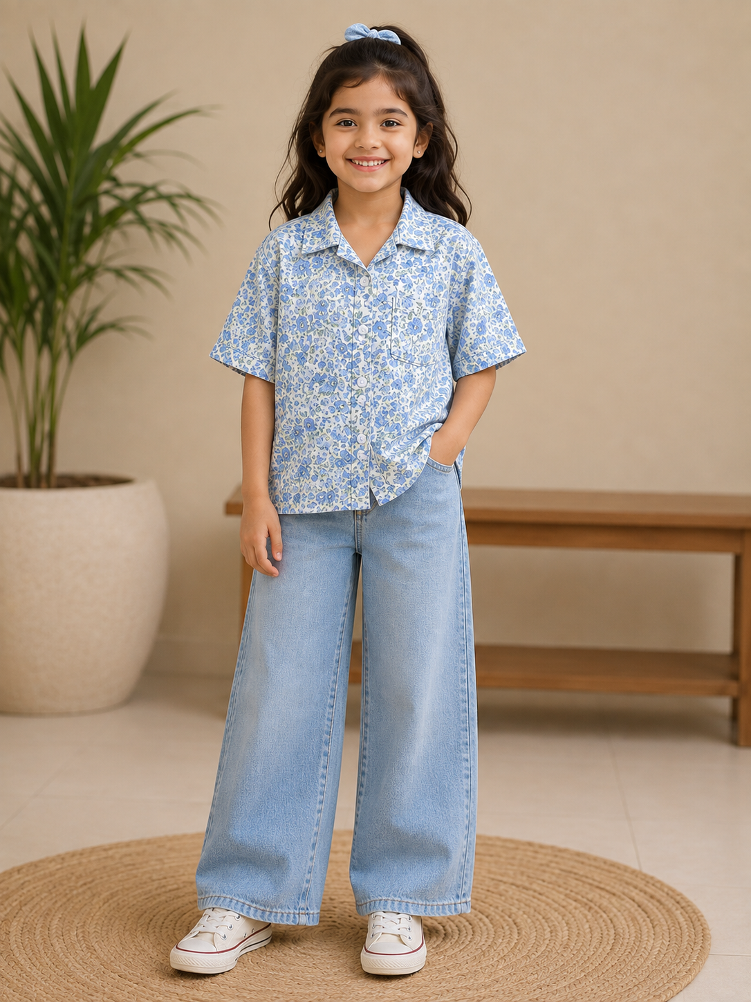 Teen Colours Kids White Blue Floral Print Cuban Collar rayon Baggy Shirt