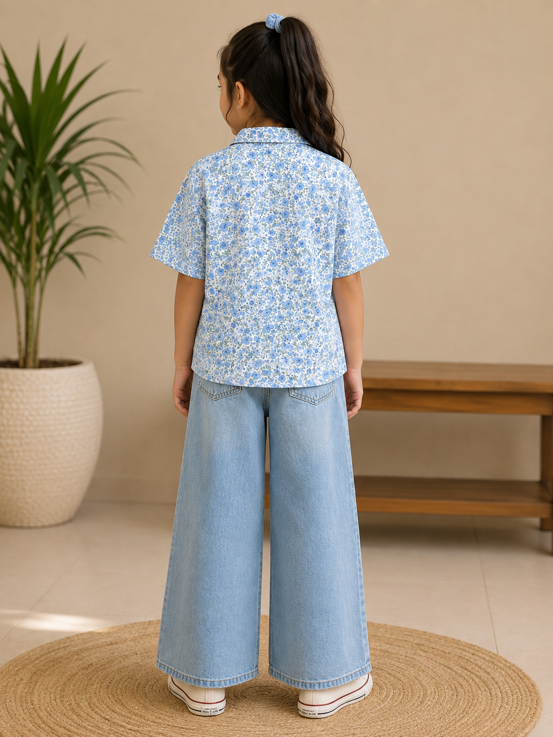 Teen Colours Kids White Blue Floral Print Cuban Collar rayon Baggy Shirt