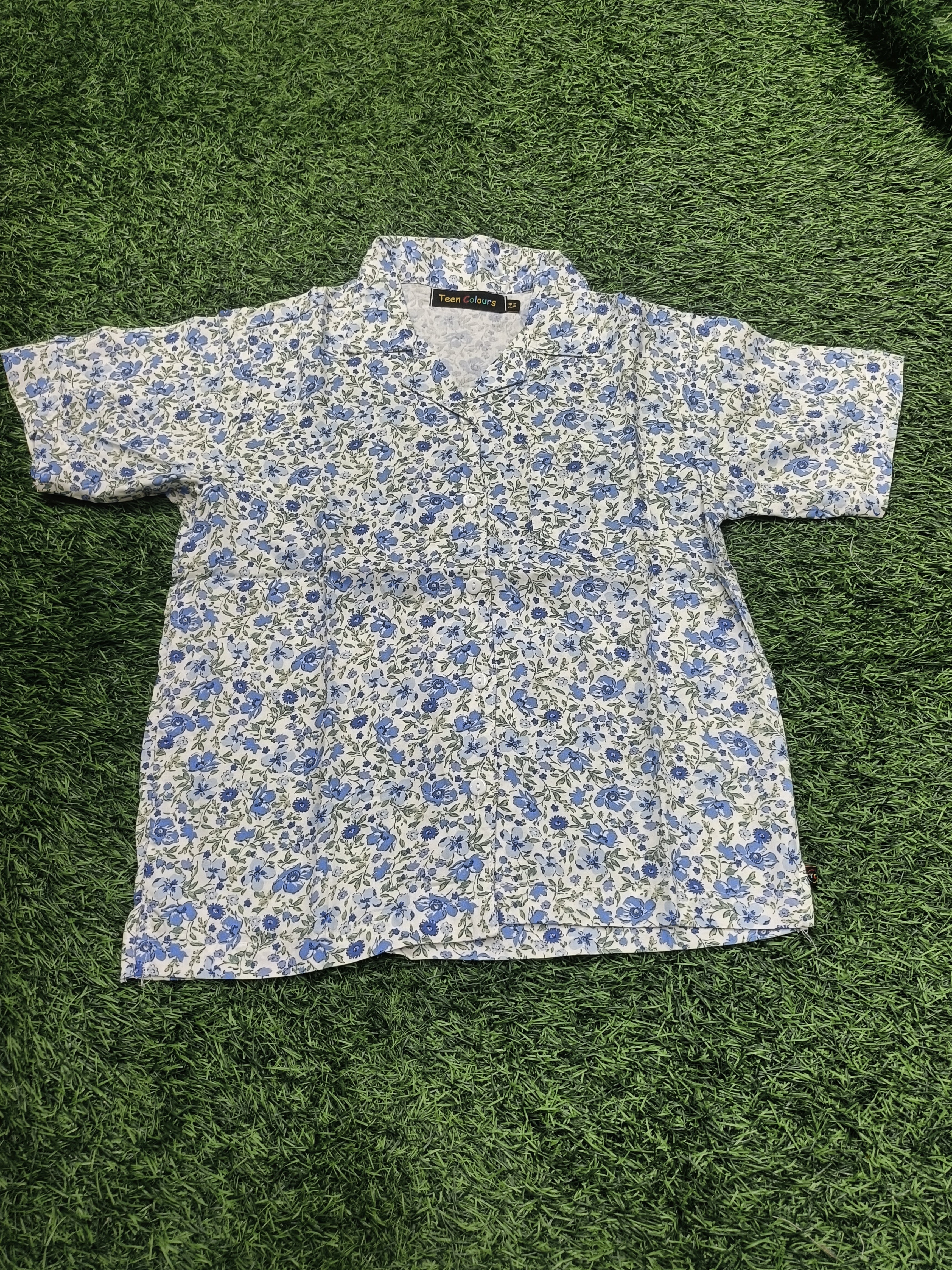 Teen Colours Kids White Blue Floral Print Cuban Collar rayon Baggy Shirt
