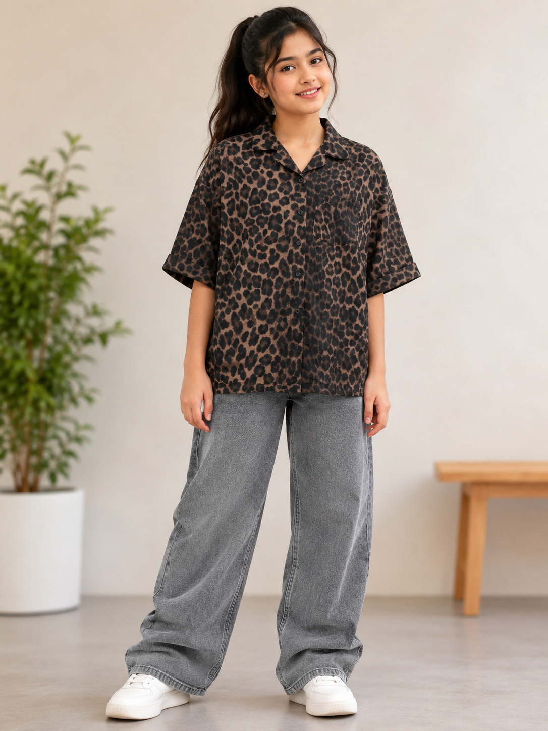 Women's Leopard Print Baggy Box-Cut Shirt with Chest Pocket