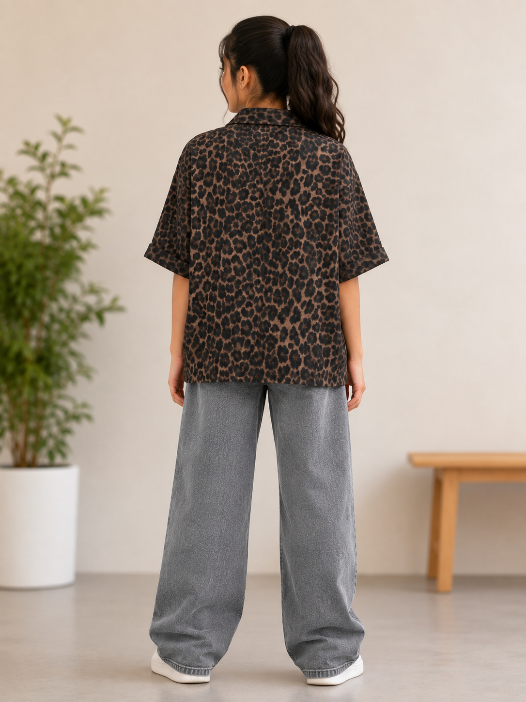 Women's Leopard Print Baggy Box-Cut Shirt with Chest Pocket