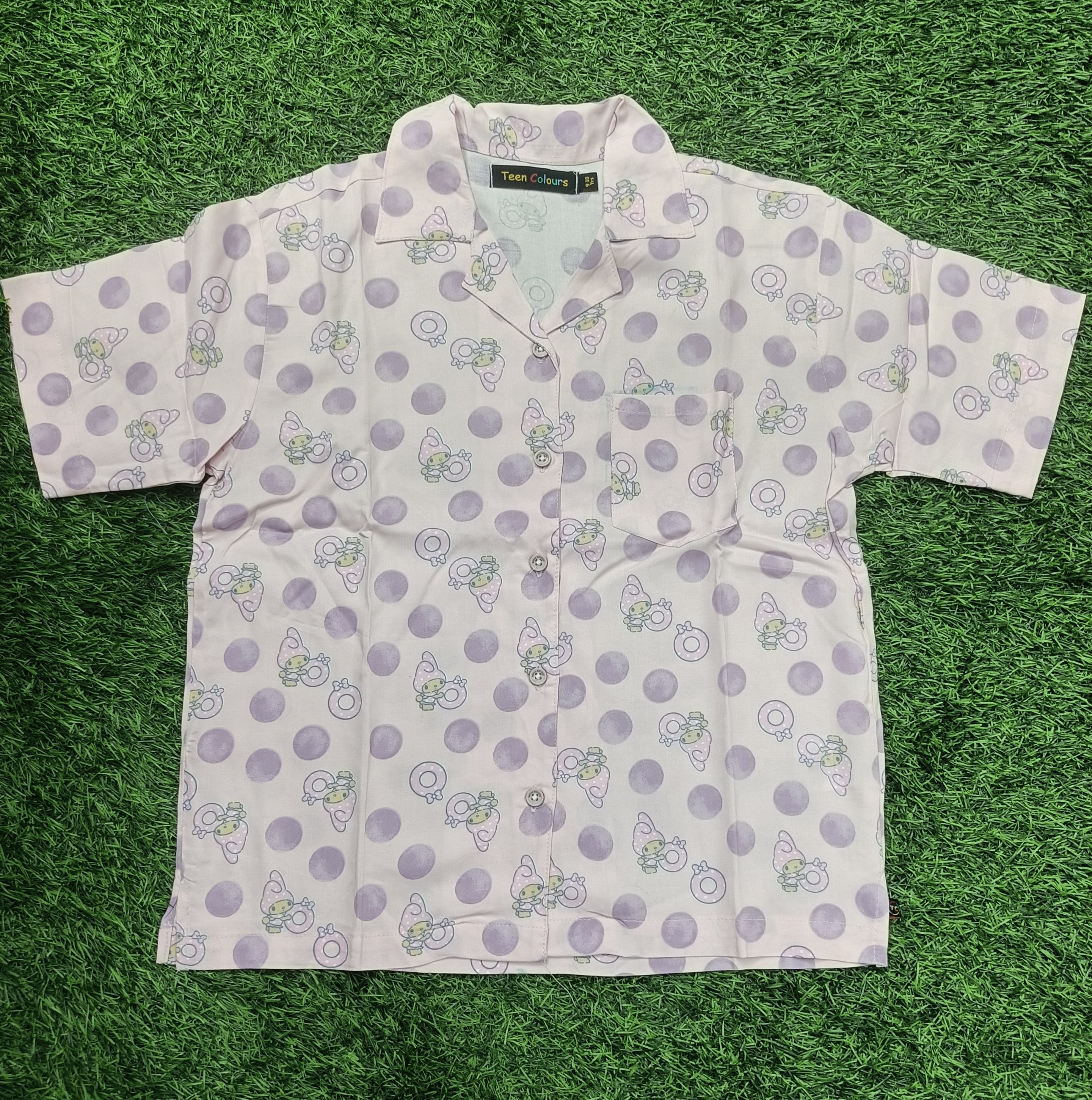 Teen Colours Kids Light Pink Cartoon Rabbit Print Cuban Collar rayon Baggy Shirt