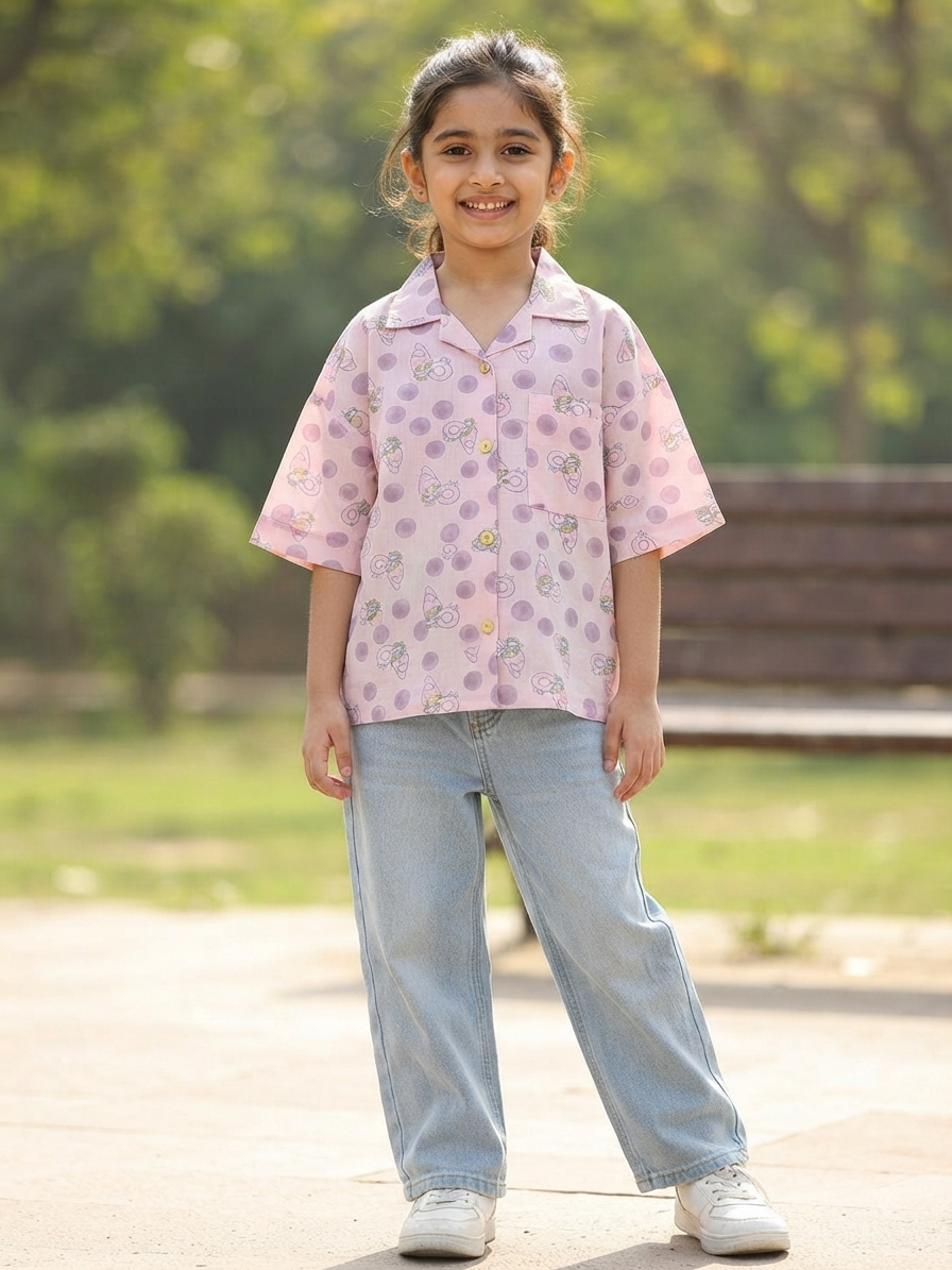 Teen Colours Kids Light Pink Cartoon Rabbit Print Cuban Collar rayon Baggy Shirt