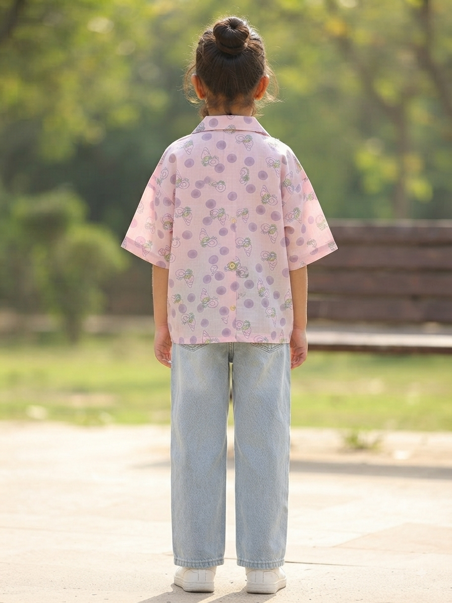 Teen Colours Kids Light Pink Cartoon Rabbit Print Cuban Collar rayon Baggy Shirt