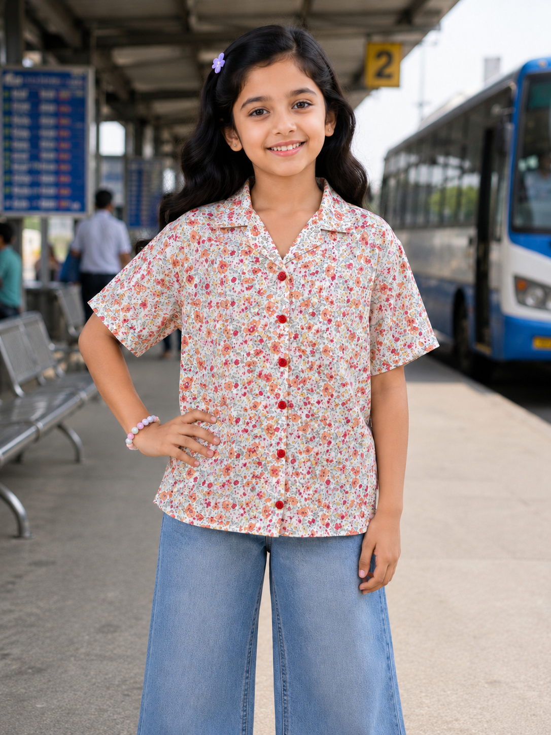 Kids Vintage Floral Print Cuban Collar rayon Baggy Shirt with Chest Pocket
