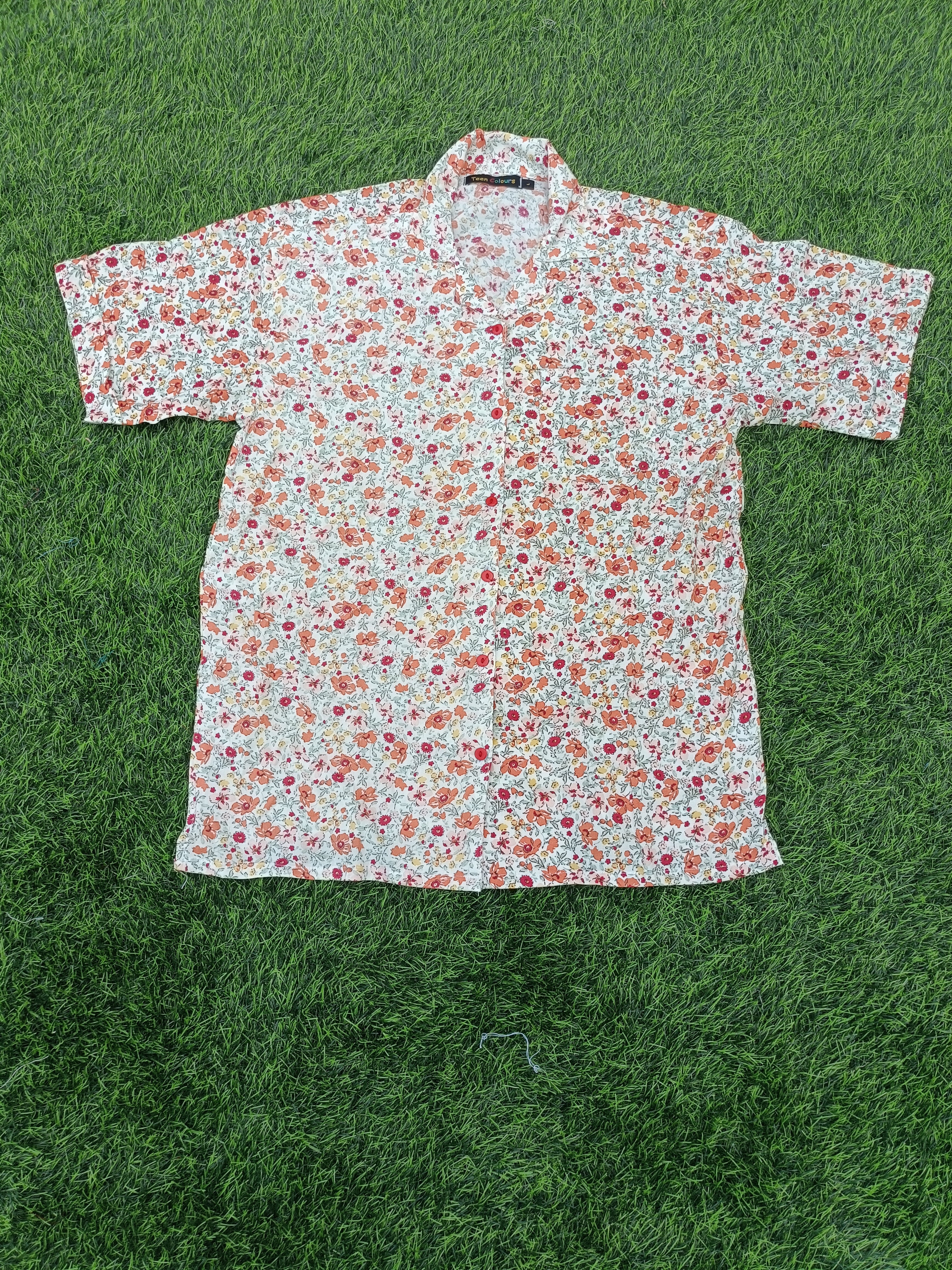 teen colours Ladies vintage floral print cuban collar rayon baggy shirt with chest pocket