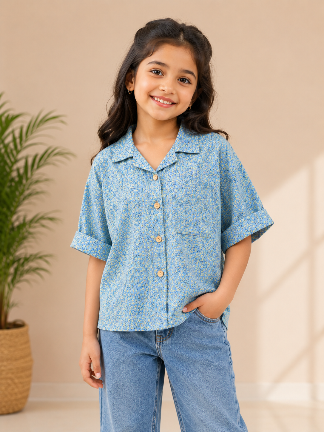 Women's Light Blue and Yellow (with Green Stem and Leaf Accents) Baggy Box-Cut rayon Shirt with Chest Pocket
