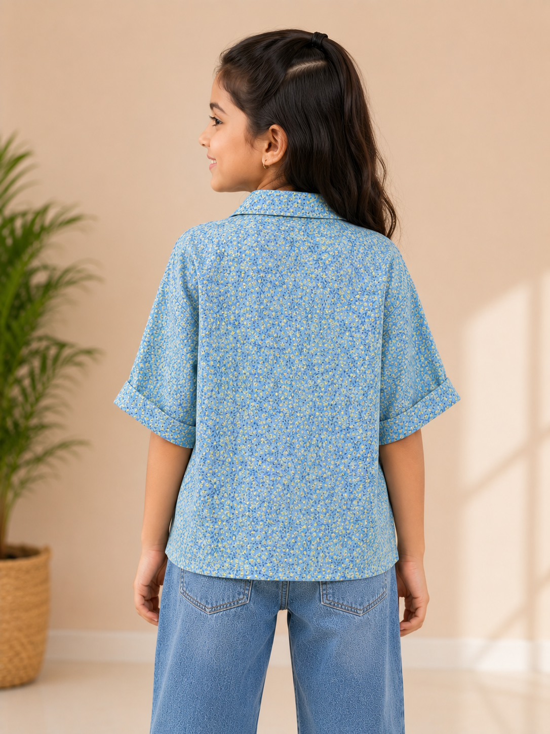 Women's Light Blue and Yellow (with Green Stem and Leaf Accents) Baggy Box-Cut rayon Shirt with Chest Pocket