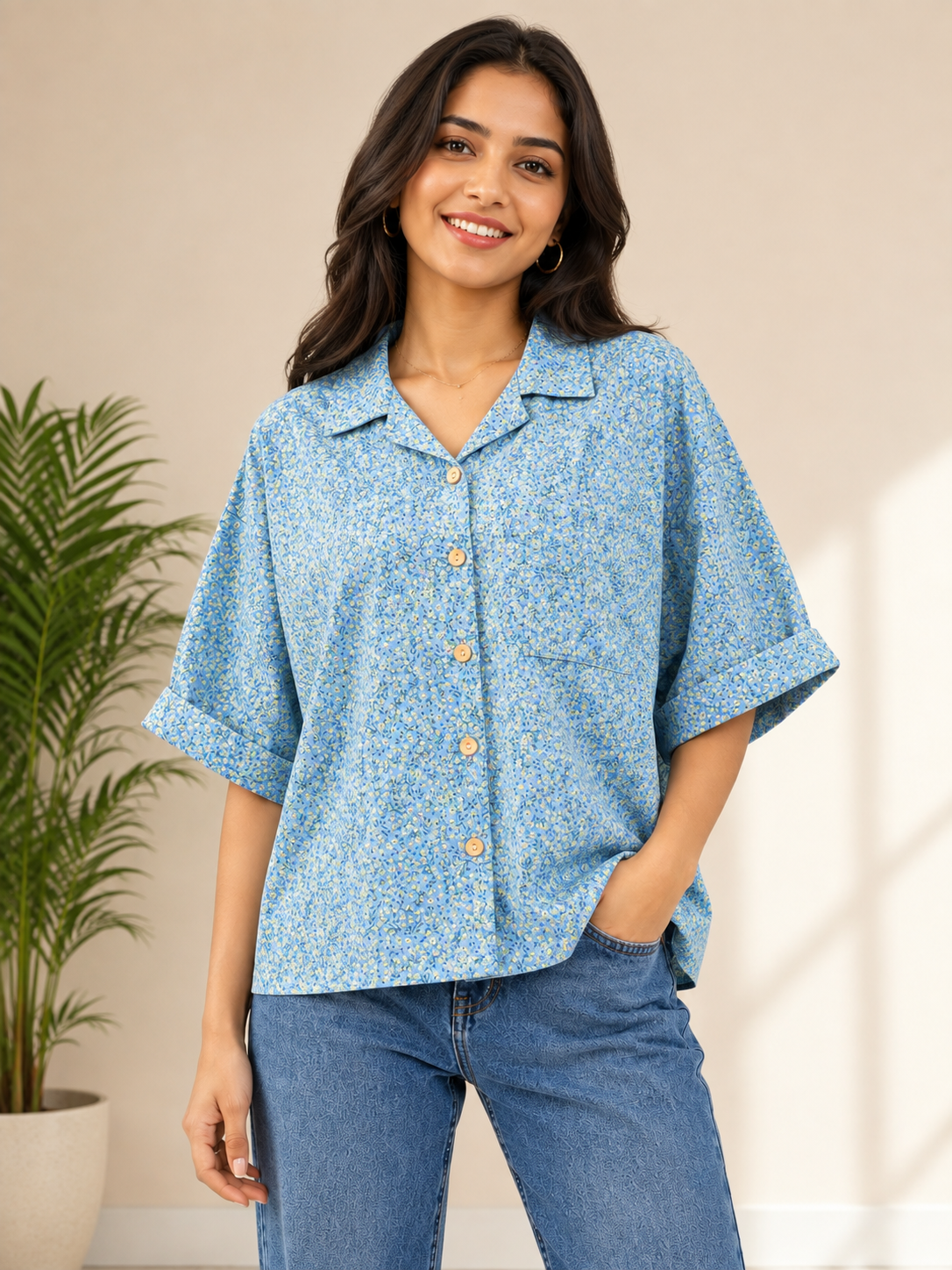 Women's Light Blue and Yellow (with Green Stem and Leaf Accents) Baggy Box-Cut rayon Shirt with Chest Pocket