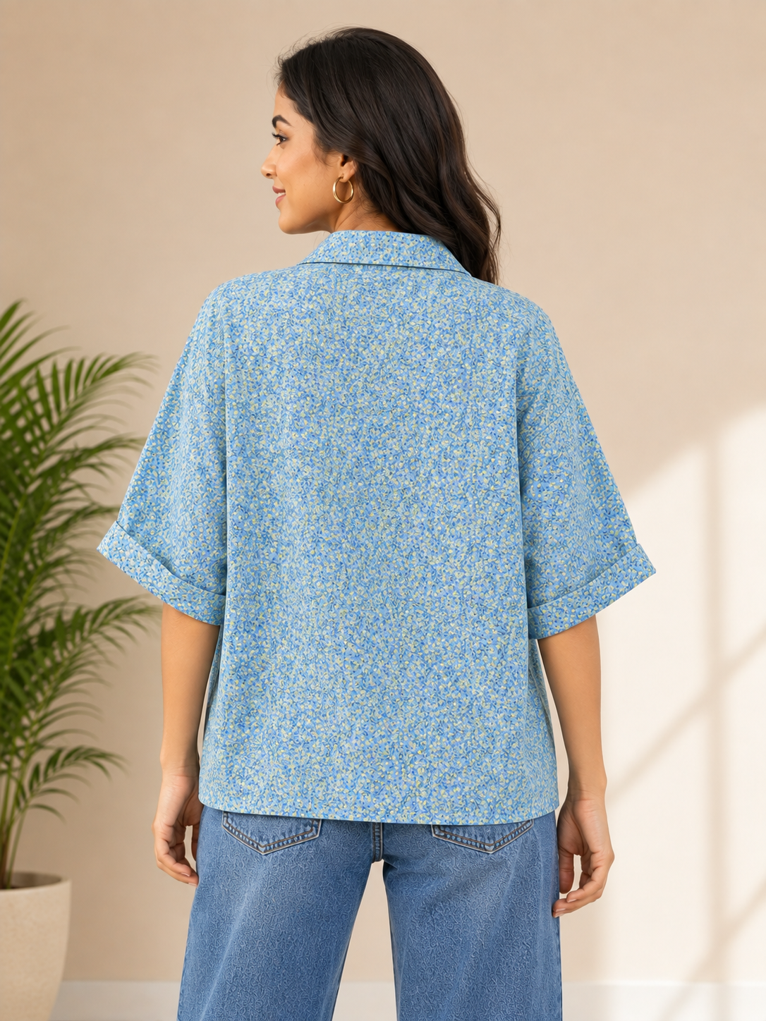 Women's Light Blue and Yellow (with Green Stem and Leaf Accents) Baggy Box-Cut rayon Shirt with Chest Pocket