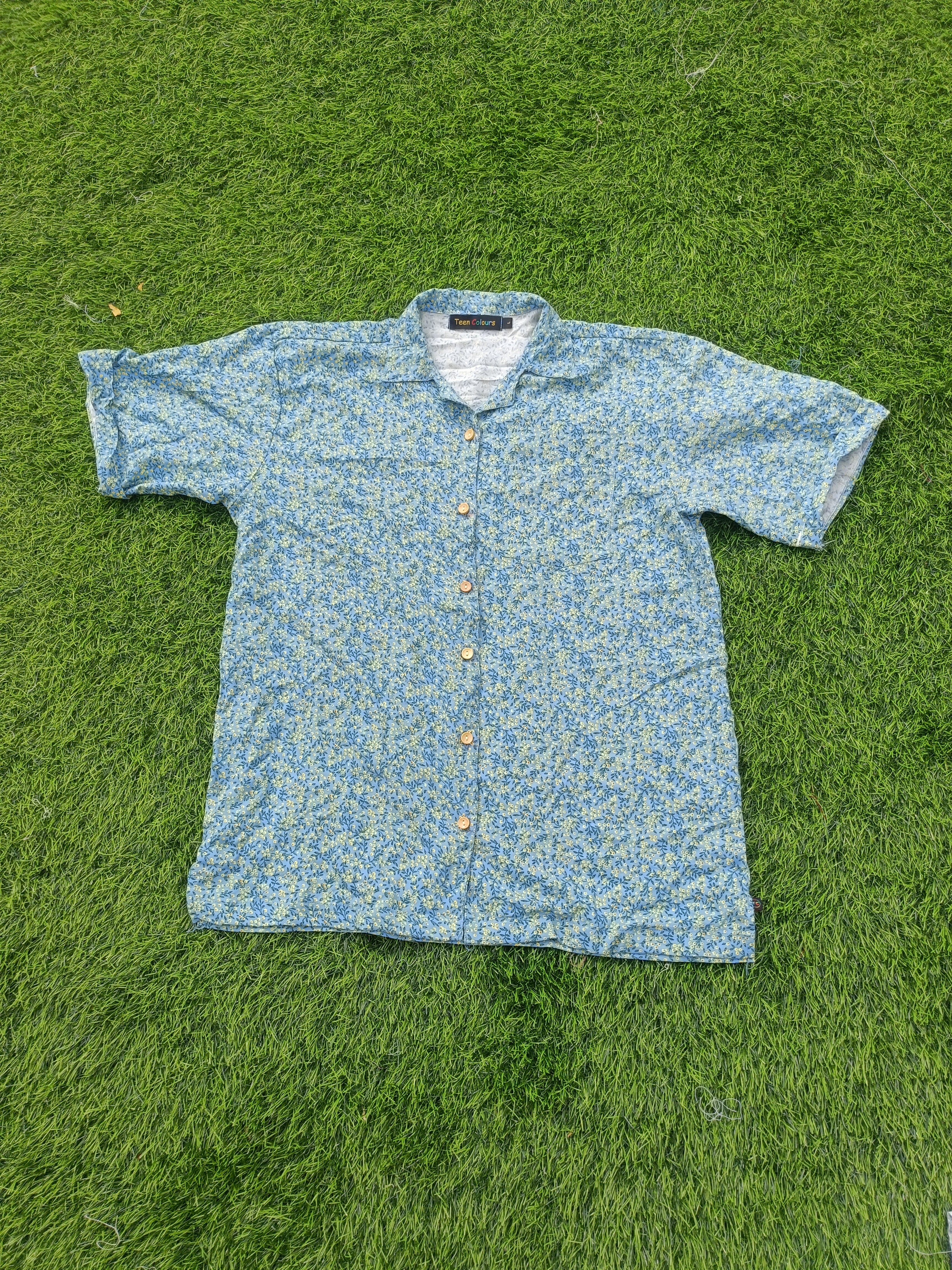 Women's Light Blue and Yellow (with Green Stem and Leaf Accents) Baggy Box-Cut rayon Shirt with Chest Pocket